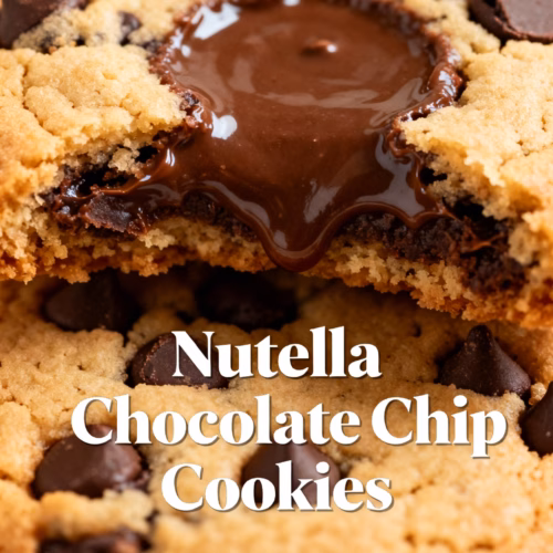 ingredients image of realistic and creative flat lay shot showcasing the ingredients for Nutella Chocolate Chip Cookies including flour butter sugar brown sugar Nutella chocolate chips baking soda salt eggs and vanilla extract all artfully arranged on a rustic wooden surface with soft natural lighting