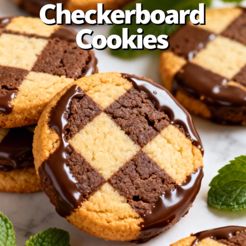 image of a beautifully arranged flat lay of ingredients for mint chocolate checkerboard cookies including flour sugar cocoa powder butter eggs mint extract green food coloring and chocolate chips on a rustic wooden surface with natural lighting