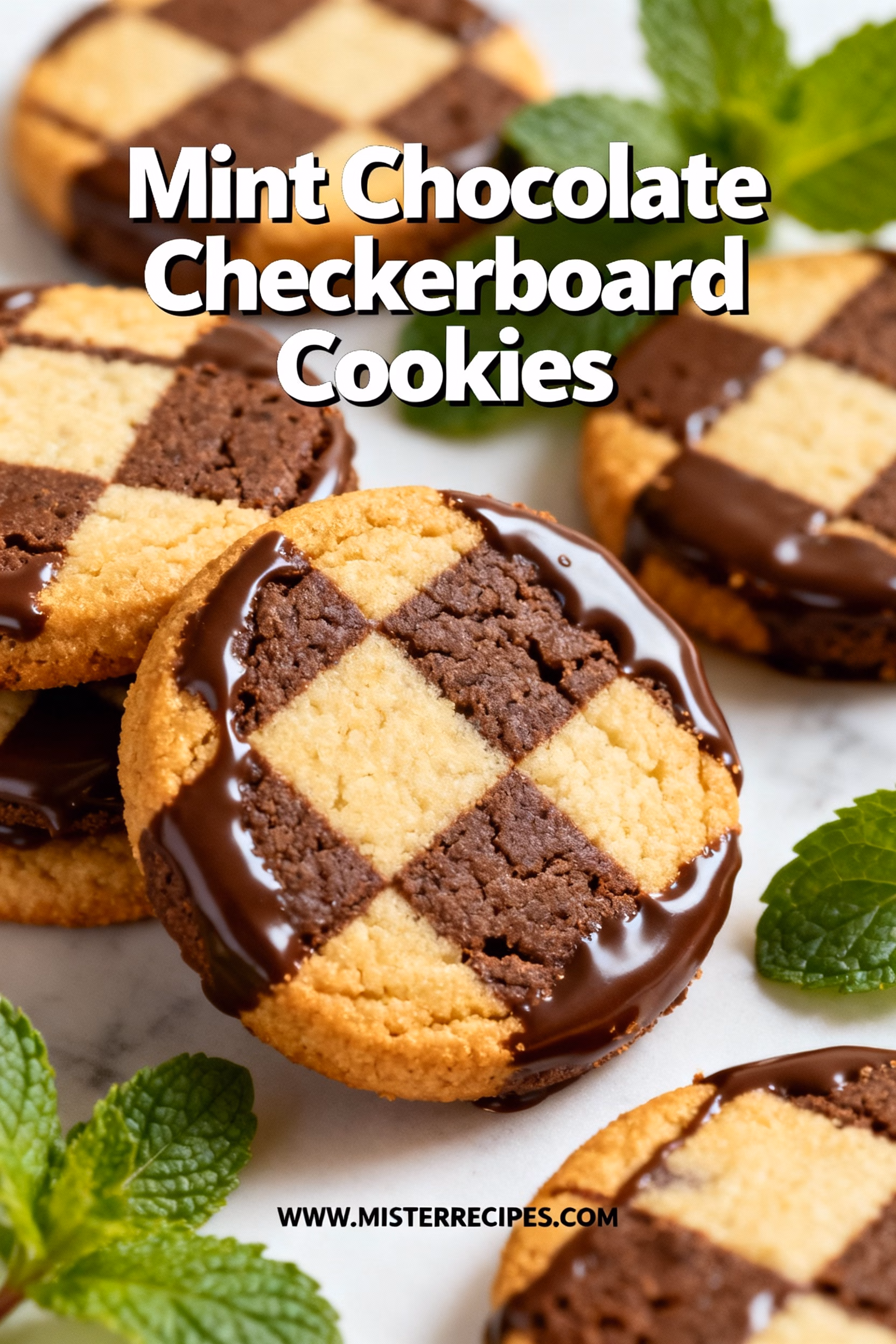 image of a beautifully arranged flat lay of ingredients for mint chocolate checkerboard cookies including flour sugar cocoa powder butter eggs mint extract green food coloring and chocolate chips on a rustic wooden surface with natural lighting