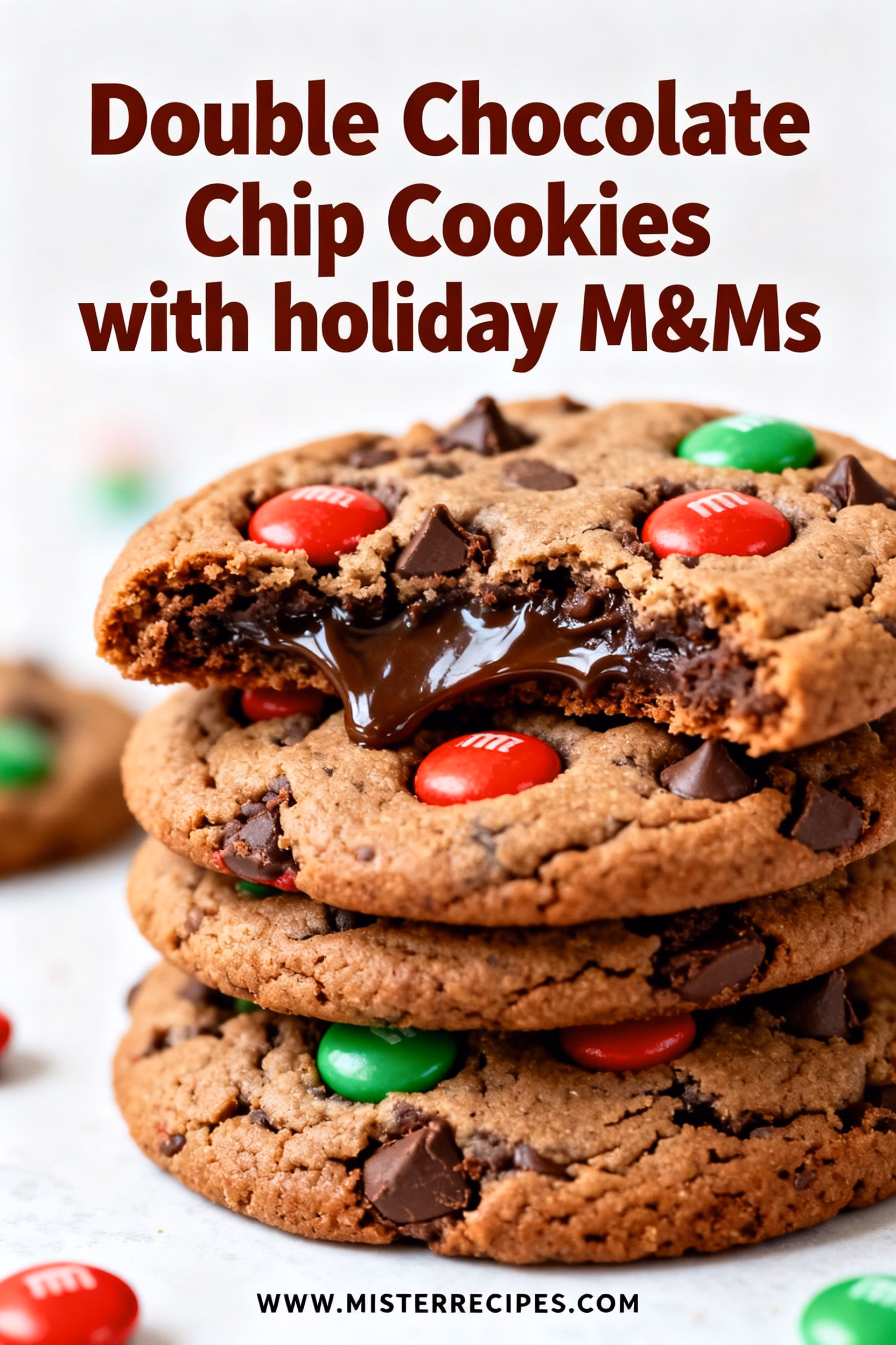 image of realistic top down mise en place shot showing all purpose flour unsalted butter granulated sugar brown sugar large eggs vanilla extract baking soda salt semisweet chocolate chips unsweetened cocoa powder holiday m and ms arranged on white marble kitchen counter with clear glass bowls rustic brown wooden kitchen sets under soft diffuse daylight
