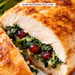 image of realistic top down mise en place shot of fresh boneless skinless chicken breasts vibrant fresh spinach bunches dried cranberries chunks mozzarella feta goat cream parmesan cheeses peeled garlic cloves sliced onions olive oil bottle balsamic vinegar thyme oregano sprigs paprika jar salt pepper shakers in clear glass bowls rustic brown wooden spoons arranged neatly on white marble kitchen counter under soft diffuse daylight