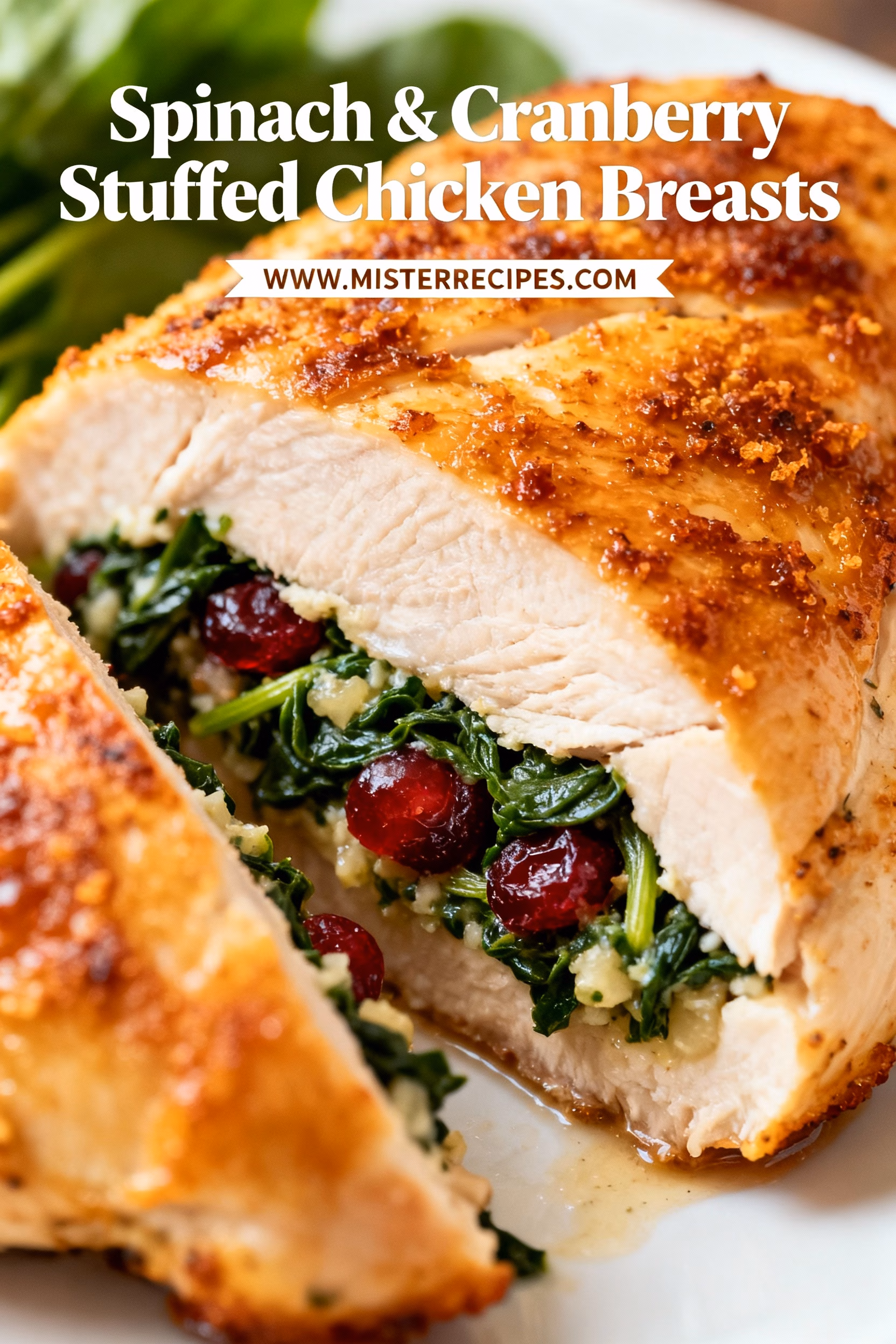 image of realistic top down mise en place shot of fresh boneless skinless chicken breasts vibrant fresh spinach bunches dried cranberries chunks mozzarella feta goat cream parmesan cheeses peeled garlic cloves sliced onions olive oil bottle balsamic vinegar thyme oregano sprigs paprika jar salt pepper shakers in clear glass bowls rustic brown wooden spoons arranged neatly on white marble kitchen counter under soft diffuse daylight