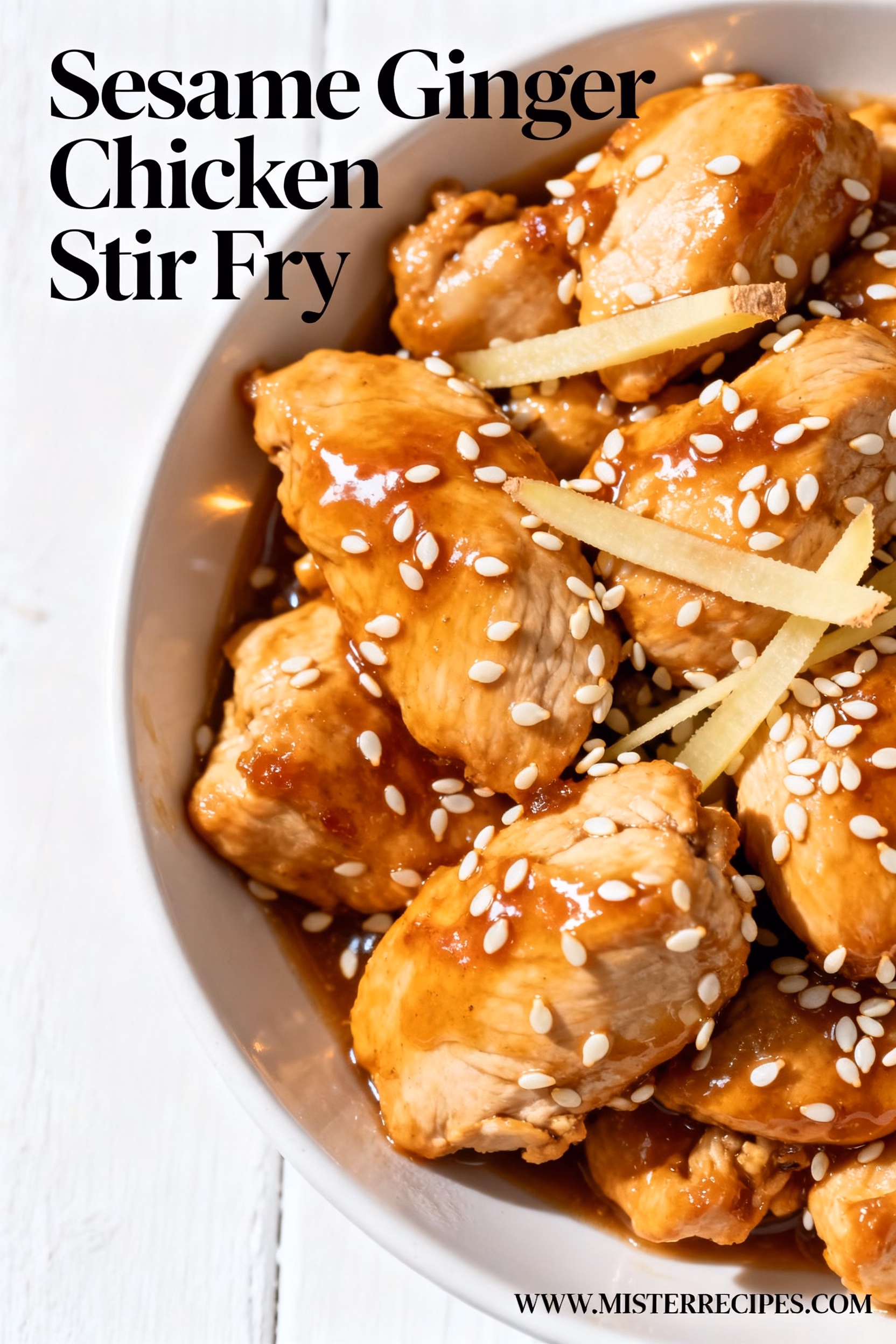 image of close up studio shot of a vibrant assortment of fresh ingredients for sesame ginger chicken stir fry arranged artfully on a rustic wooden background Each ingredient is clearly visible and in sharp focus The star of the dish chicken breast is cut into bite sized pieces and marinated in a small bowl with sesame oil ginger and garlic Surrounded by colorful vegetables like bright green broccoli florets julienned carrots thinly sliced bell peppers red yellow and orange and sliced red onion Fresh cilantro and green onions are neatly bundled beside a scattering of toasted sesame seeds A small bottle of soy sauce a jar of honey and a whole ginger root complete the arrangement The lighting is soft and natural highlighting the textures and colors of the ingredients The background is a gently blurred kitchen counter suggesting a home cooking environment The overall impression is one of freshness health and deliciousness ultra realistic high resolution professional food photography clean background studio lighting