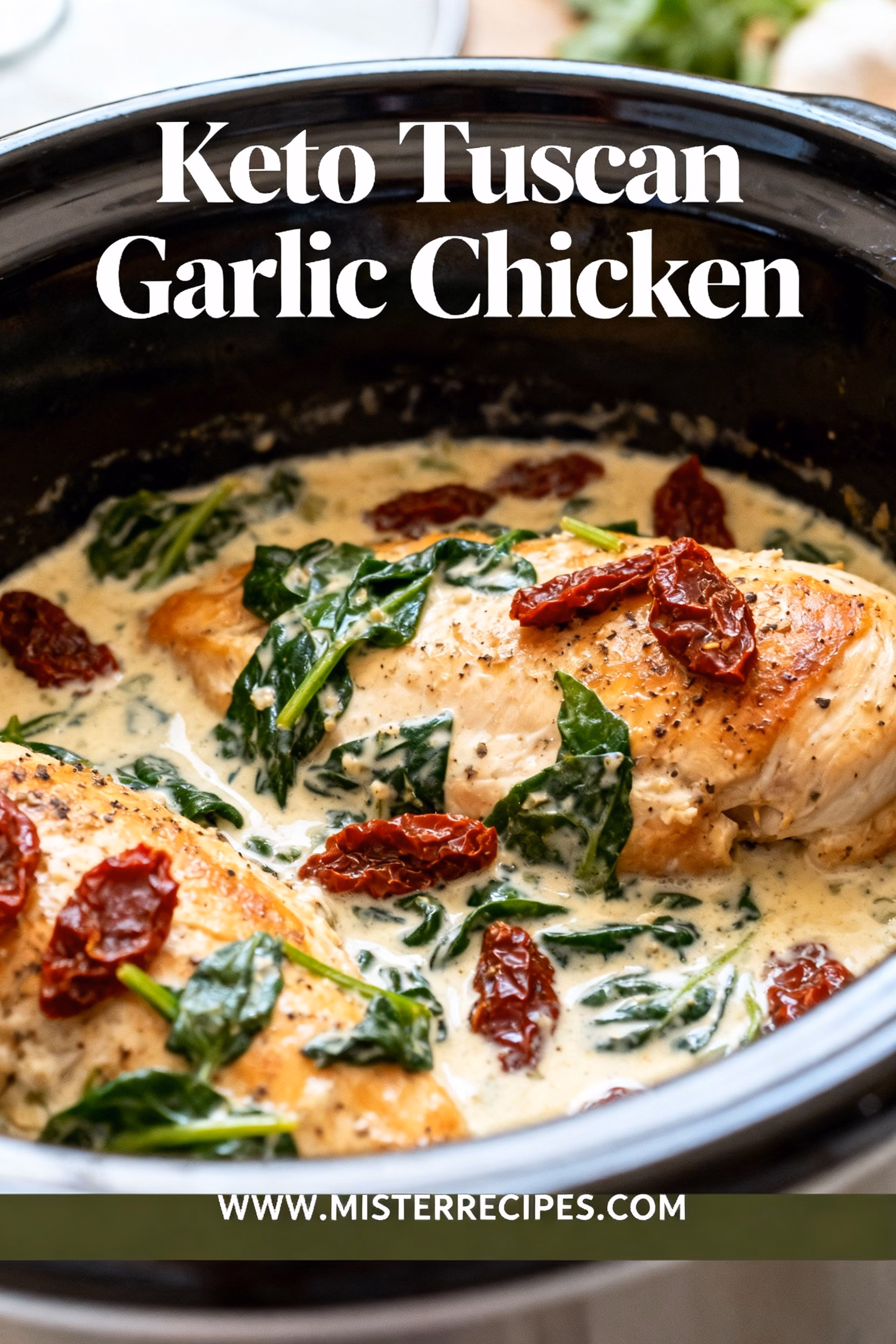 ingredients image of close up studio shot of the ingredients for Keto Tuscan Garlic Chicken on a rustic wooden table with natural lighting a creamy sauce garlic sun dried tomatoes spinach and chicken breasts in an artistic arrangement with some fresh basil leaves scattered around
