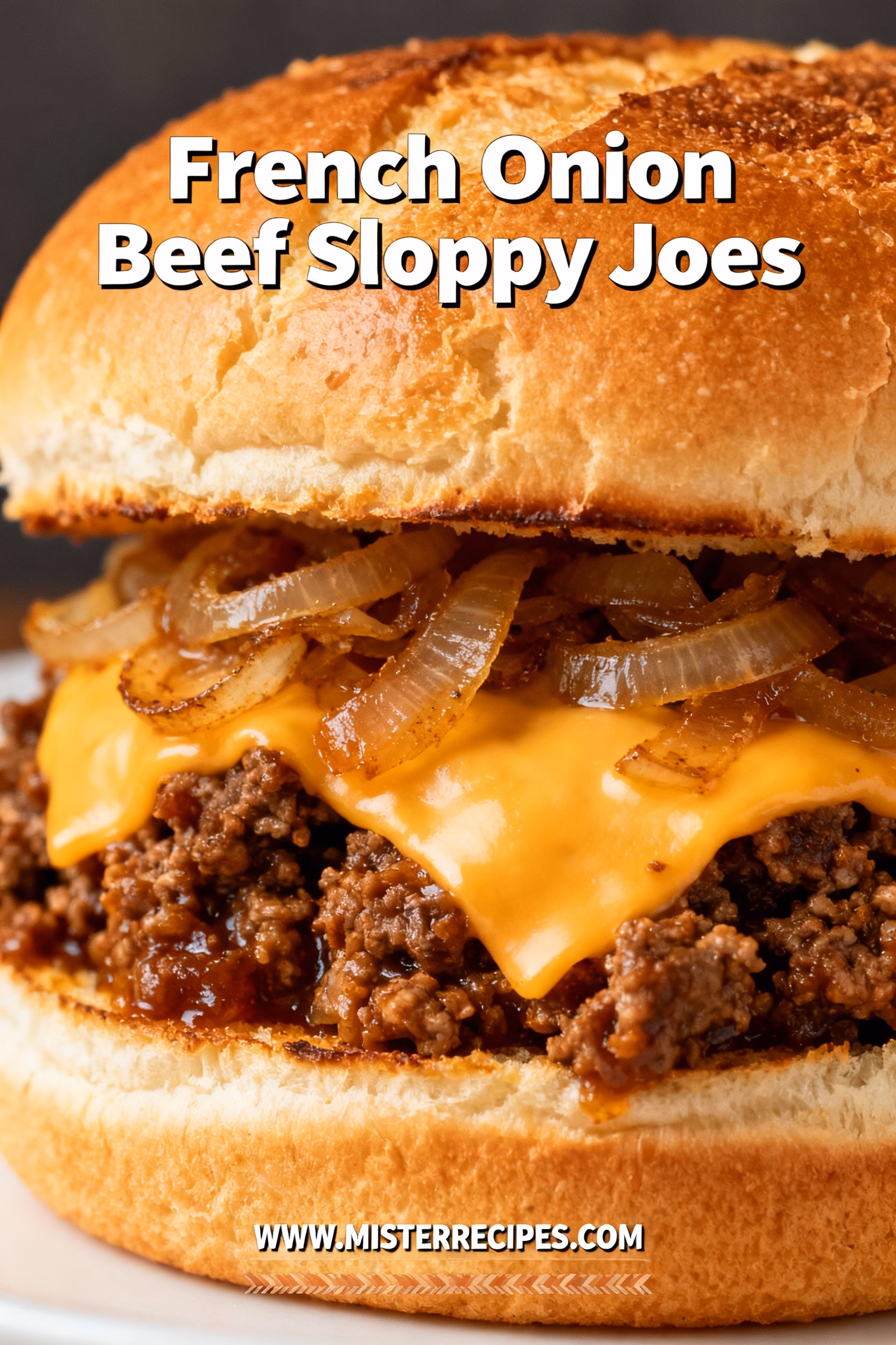 image of realistic top down mise en place shot fresh lean ground beef sliced yellow onions bowl beef broth brioche buns provolone cheese slices arranged white marble kitchen counter clear glass bowls rustic brown wooden spoons soft diffuse daylight