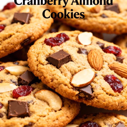 image of a beautifully arranged flat lay of dark chocolate chips dried cranberries whole almonds flour sugar butter eggs and vanilla extract on a rustic wooden surface with warm natural lighting