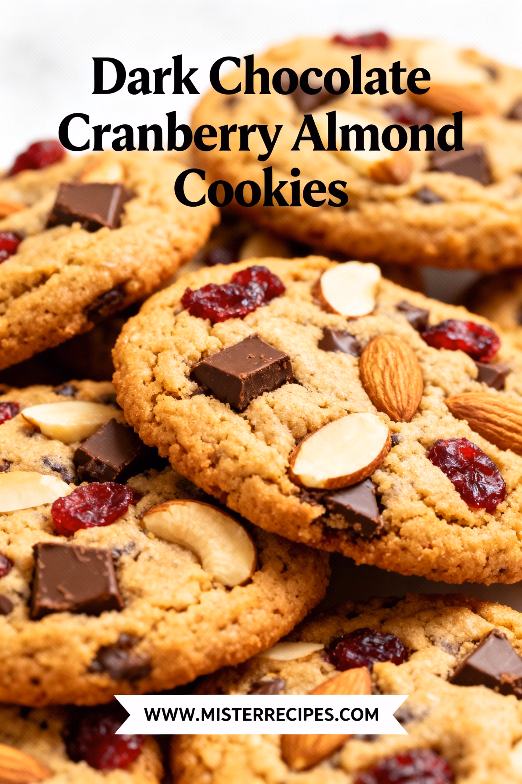 image of a beautifully arranged flat lay of dark chocolate chips dried cranberries whole almonds flour sugar butter eggs and vanilla extract on a rustic wooden surface with warm natural lighting