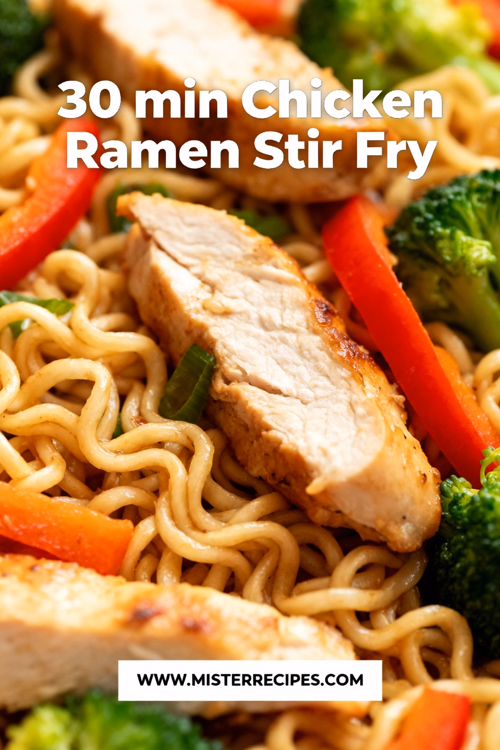 image of realistic top down mise en place shot showing instant ramen noodles packs boneless skinless chicken breast slices low sodium soy sauce garlic cloves fresh ginger pieces brown sugar vegetable oil chicken broth rice vinegar cornstarch sesame oil broccoli florets red bell pepper slices mushrooms snow peas green onions carrots julienne onions sesame seeds cilantro jalapeno slices sriracha bottle soft boiled egg arranged neatly on white marble kitchen counter with clear glass bowls rustic brown wooden cutting boards spoons under soft diffuse daylight