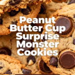 ingredients image of a hyperrealistic top-down shot of a rustic wooden table with all the ingredients for Peanut Butter Cup Surprise Monster Cookies meticulously arranged in separate aesthetically pleasing bowls and containers The ingredients include various types of flour baking soda brown sugar white sugar peanut butter mini peanut butter cups chocolate chips oats eggs vanilla extract and butter There is a slight soft natural light illuminating the scene from the side creating gentle shadows and highlights The background is blurred to keep the focus on the ingredients making them pop with vibrant colors and textures