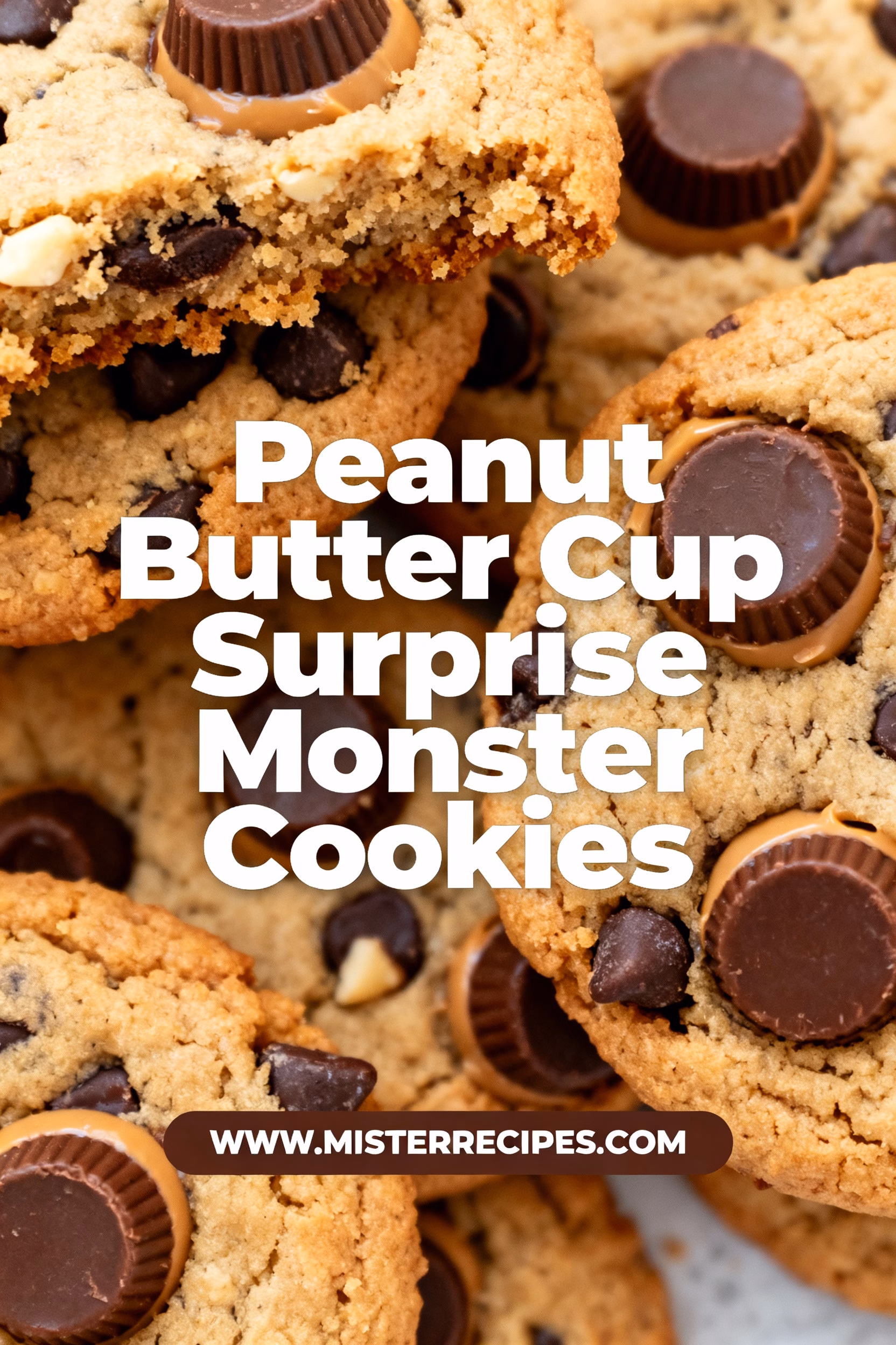 ingredients image of a hyperrealistic top-down shot of a rustic wooden table with all the ingredients for Peanut Butter Cup Surprise Monster Cookies meticulously arranged in separate aesthetically pleasing bowls and containers The ingredients include various types of flour baking soda brown sugar white sugar peanut butter mini peanut butter cups chocolate chips oats eggs vanilla extract and butter There is a slight soft natural light illuminating the scene from the side creating gentle shadows and highlights The background is blurred to keep the focus on the ingredients making them pop with vibrant colors and textures