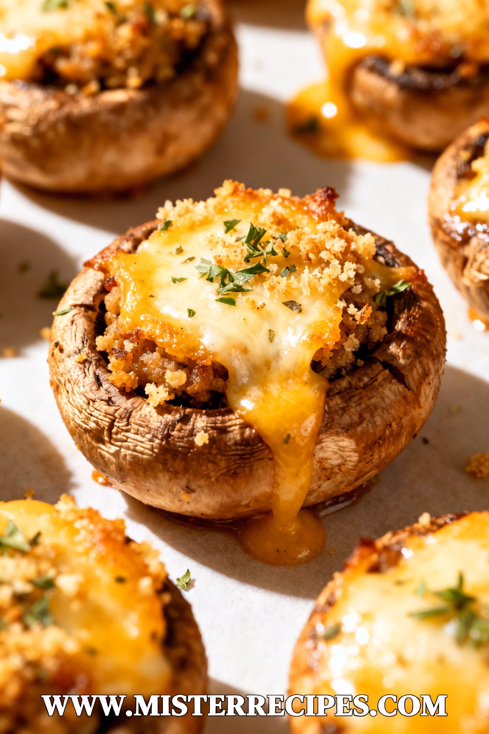 image of Air fryer stuffed mushrooms ingredients on a rustic wooden board close up with soft natural lighting