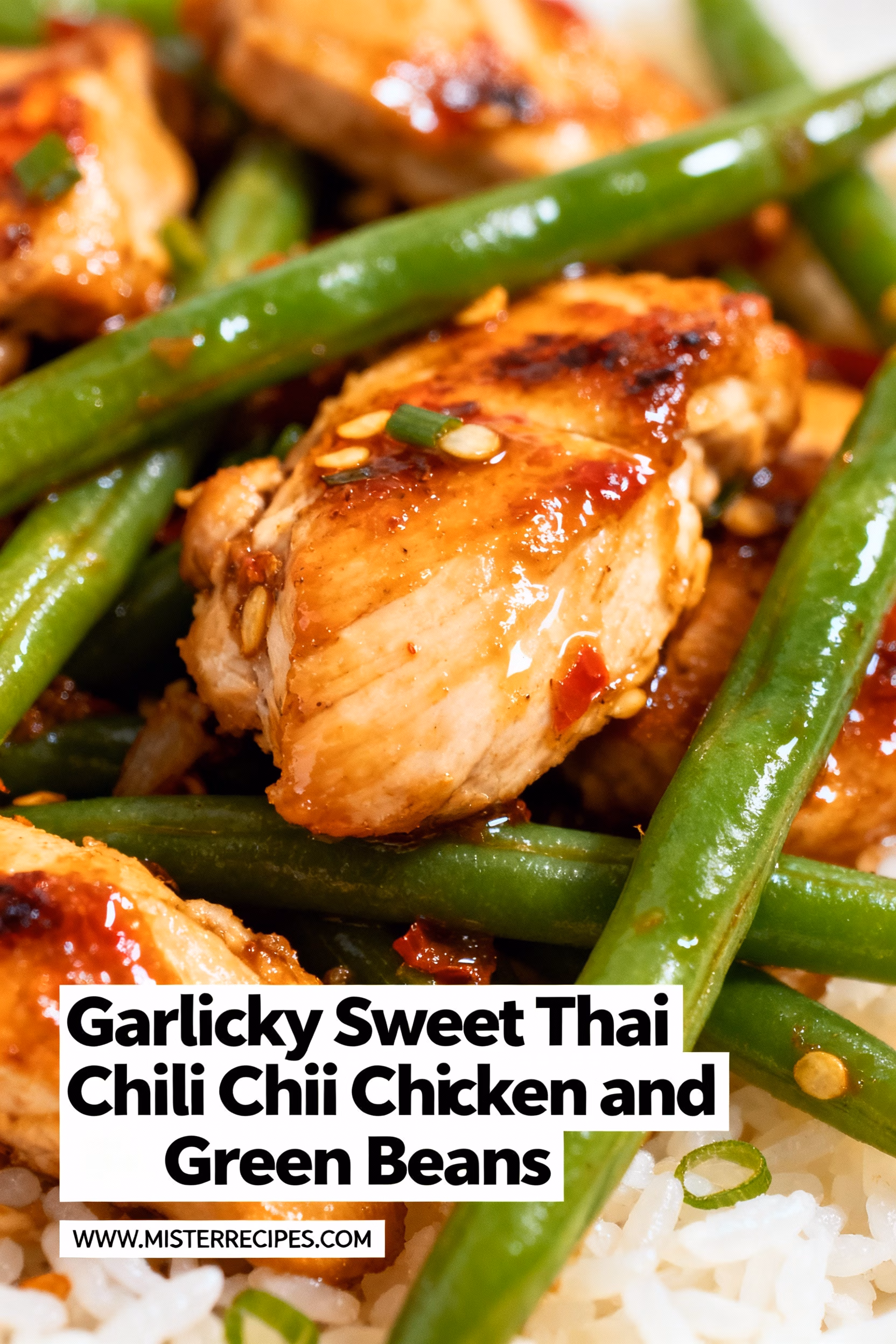 image of a topdown mise en place shot showing the fresh ingredients for garlicky sweet thai chili chicken and green beans arranged on a white marble kitchen counter with healthy clear glass bowls and rustic brown wooden kitchen sets under soft diffuse daylight