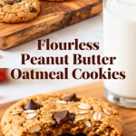 ingredients image of a flat lay photo of ingredients for Flourless Peanut Butter Oatmeal Cookies including peanut butter oats brown sugar egg vanilla extract and baking soda on a rustic wooden surface with natural light