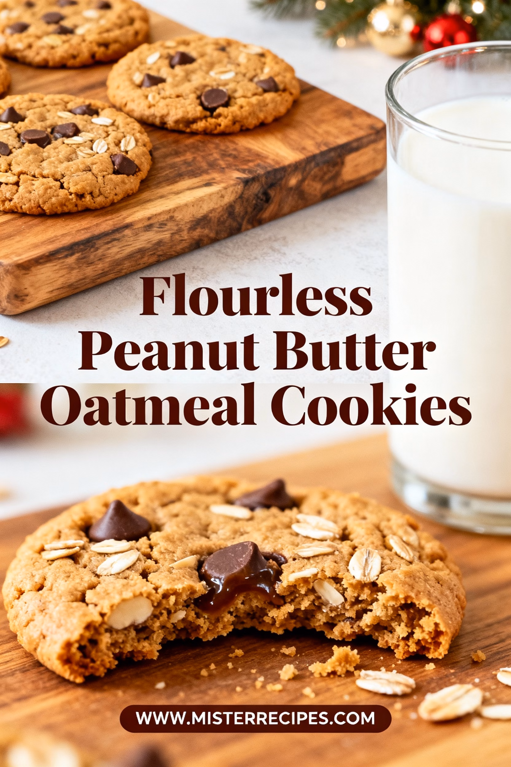 ingredients image of a flat lay photo of ingredients for Flourless Peanut Butter Oatmeal Cookies including peanut butter oats brown sugar egg vanilla extract and baking soda on a rustic wooden surface with natural light