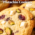 image of realistic top down mise en place shot showing fresh unsalted butter brown sugar granulated sugar eggs vanilla extract all purpose flour baking soda salt white chocolate chips dried cranberries roasted salted pistachios cornstarch baking powder oats almond extract dried cherries glace cherries sea salt white chocolate pieces chopped pistachios arranged on white marble kitchen counter with clear glass bowls rustic brown wooden kitchen sets under soft diffuse daylight