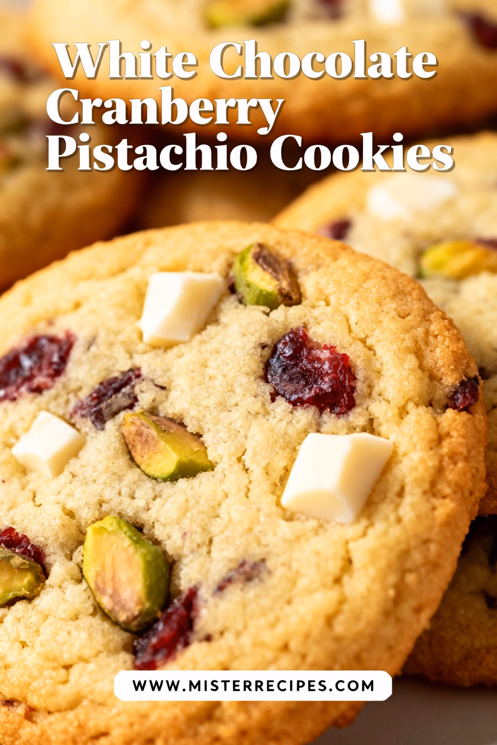 image of realistic top down mise en place shot showing fresh unsalted butter brown sugar granulated sugar eggs vanilla extract all purpose flour baking soda salt white chocolate chips dried cranberries roasted salted pistachios cornstarch baking powder oats almond extract dried cherries glace cherries sea salt white chocolate pieces chopped pistachios arranged on white marble kitchen counter with clear glass bowls rustic brown wooden kitchen sets under soft diffuse daylight