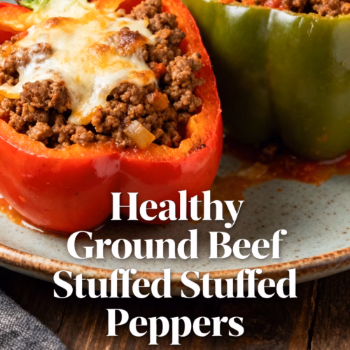 ingredients image of close up top down food photography of healthy ground beef stuffed peppers ingredients including bell peppers ground beef onion garlic tomatoes rice olive oil salt pepper italian seasoning mozzarella cheese parmesan cheese on a rustic wooden table with natural lighting studio photography ultra realistic high quality