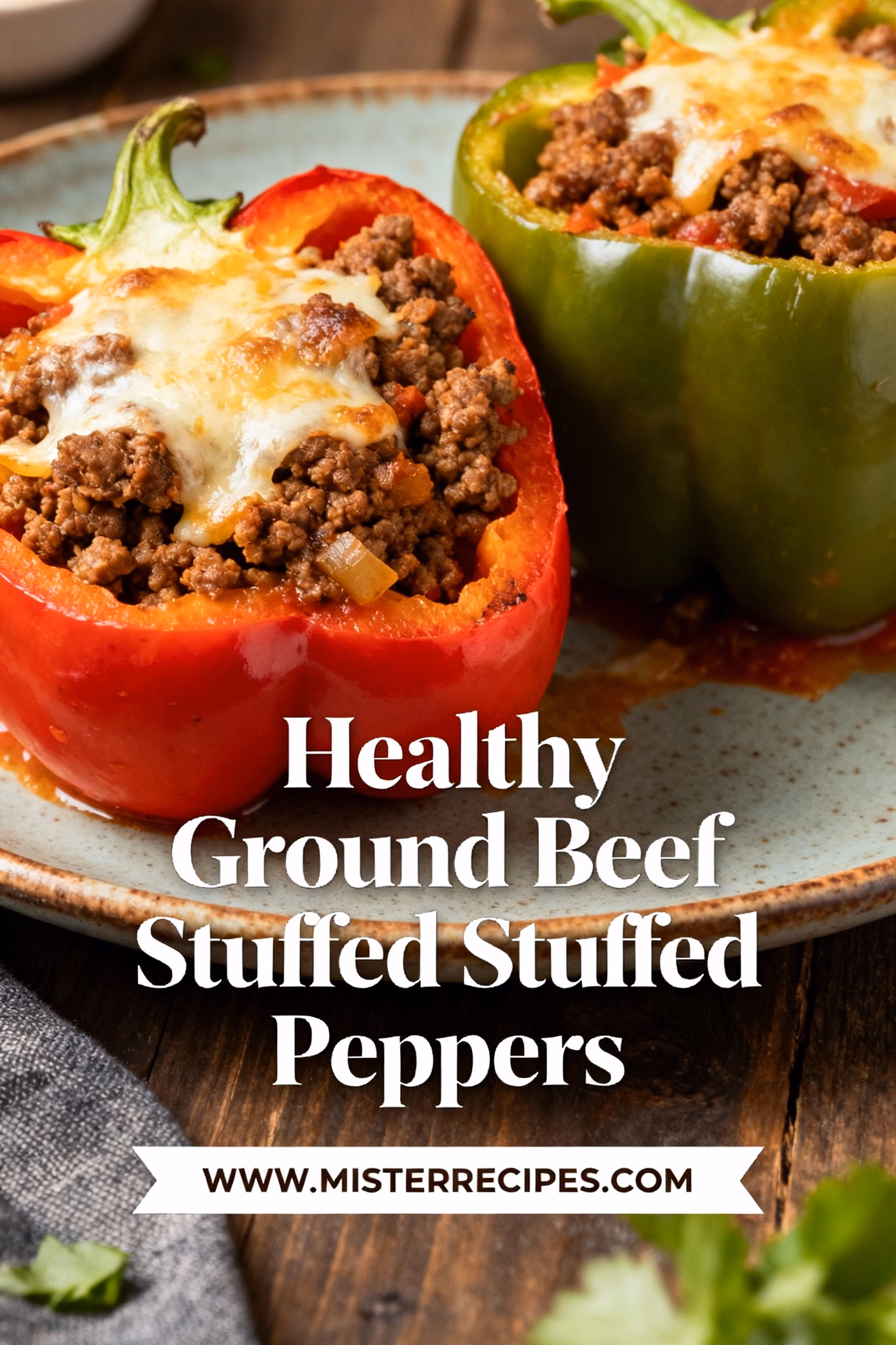 ingredients image of close up top down food photography of healthy ground beef stuffed peppers ingredients including bell peppers ground beef onion garlic tomatoes rice olive oil salt pepper italian seasoning mozzarella cheese parmesan cheese on a rustic wooden table with natural lighting studio photography ultra realistic high quality
