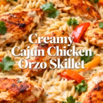 ingredients image of chicken breasts orzo pasta heavy cream cajun seasoning garlic onion bell peppers olive oil chicken broth parmesan cheese on a rustic wooden board with herbs and spices scattered around soft natural lighting food photography realistic creative arrangement inviting home kitchen setting