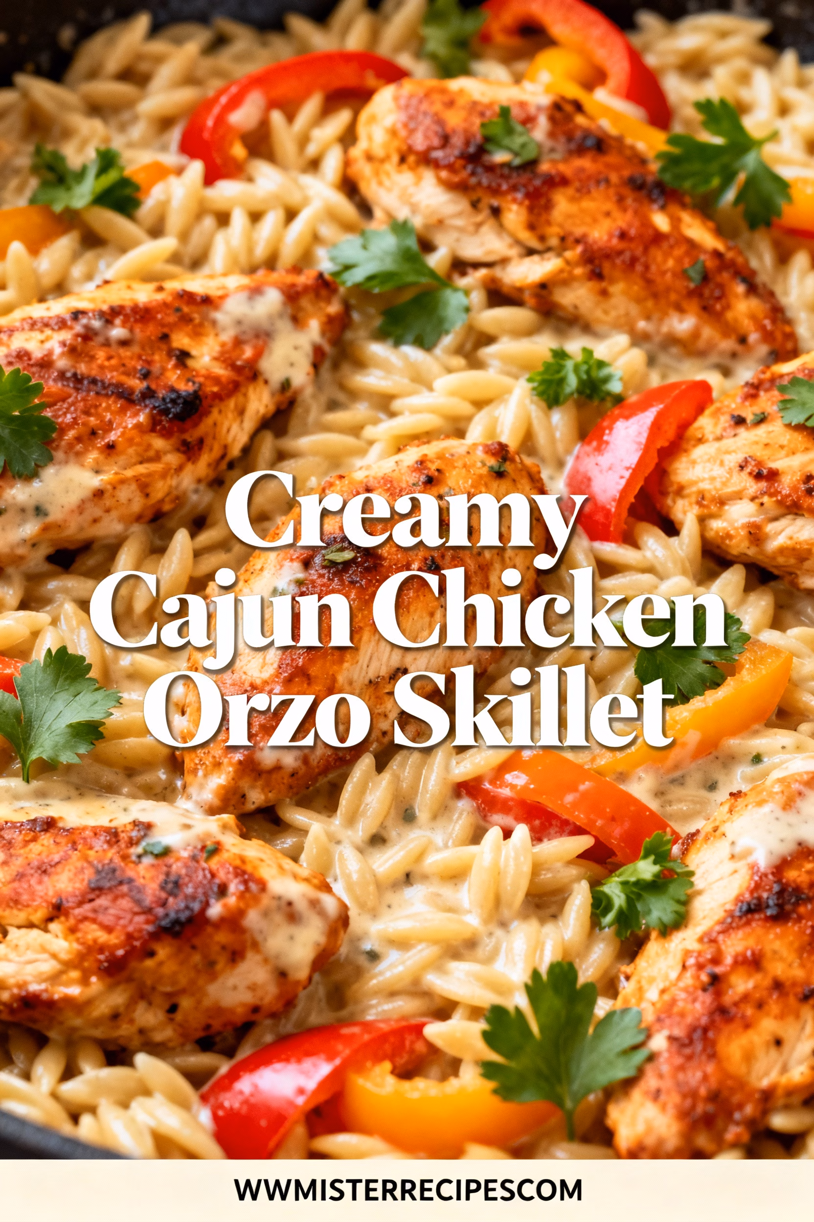 ingredients image of chicken breasts orzo pasta heavy cream cajun seasoning garlic onion bell peppers olive oil chicken broth parmesan cheese on a rustic wooden board with herbs and spices scattered around soft natural lighting food photography realistic creative arrangement inviting home kitchen setting