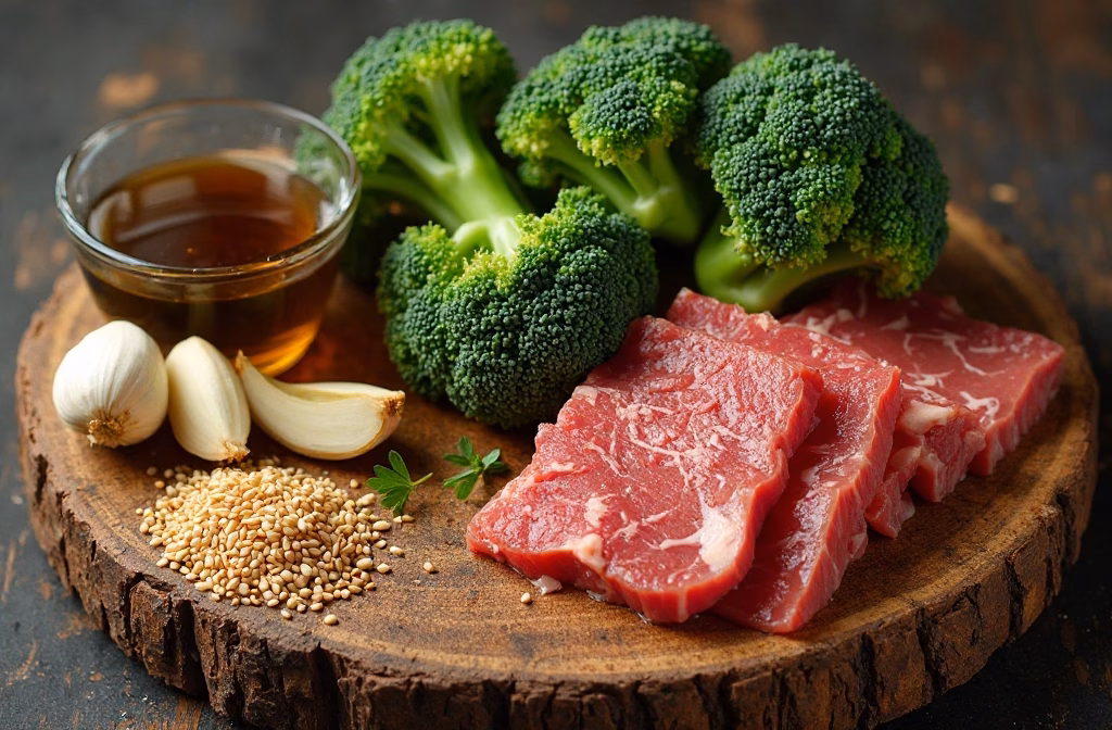 recipe ingredients image of realistic and creative image showing the ingredients of Beef and Broccoli including thinly sliced beef broccoli florets soy sauce ginger garlic sesame oil cornstarch and a hint of red pepper flakes artfully arranged on a rustic wooden board with a sprinkle of fresh sesame seeds