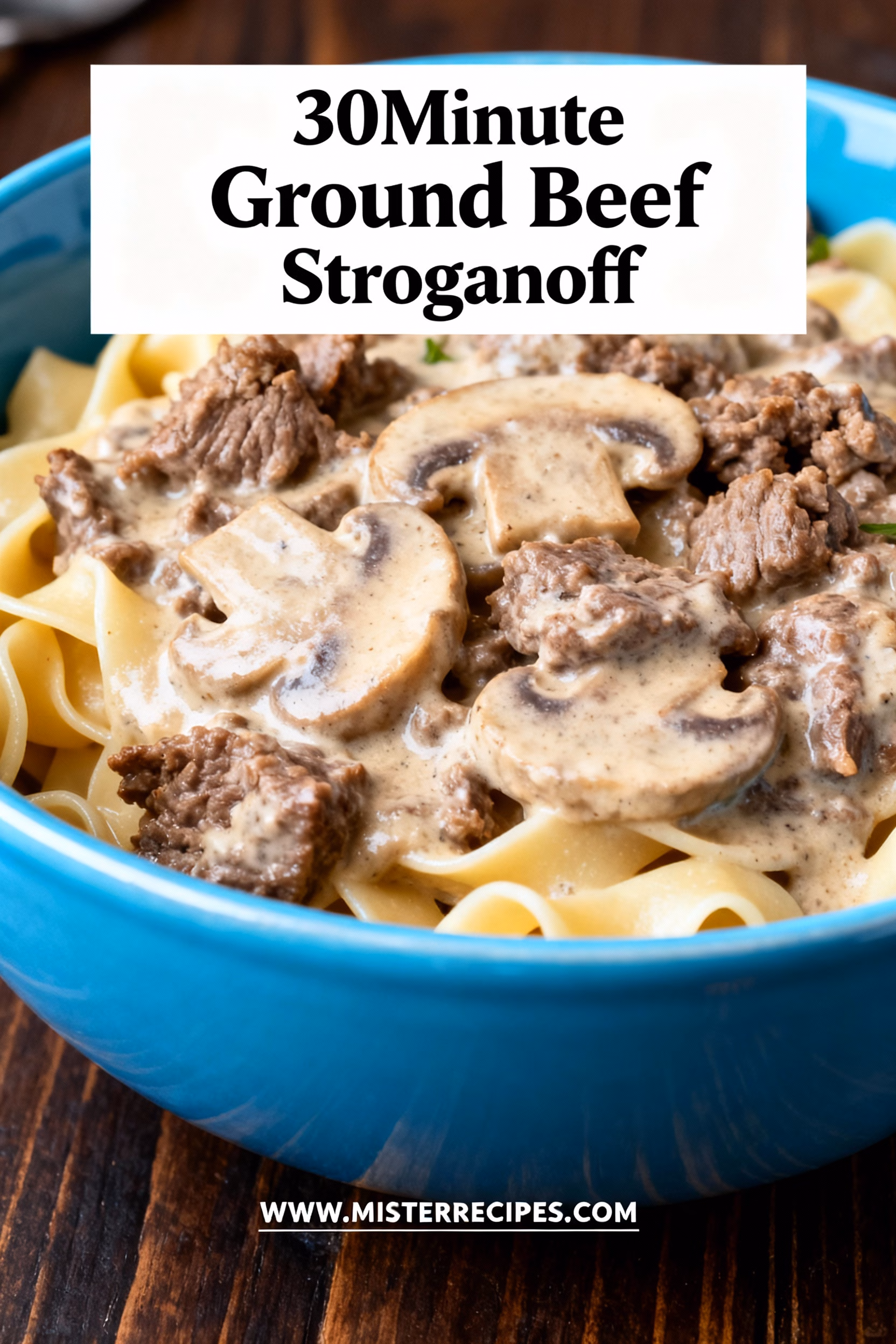 image of ground beef egg noodles mushrooms onion garlic beef broth sour cream butter olive oil flour Worcestershire sauce Dijon mustard salt black pepper fresh parsley arranged on white marble counter with clear glass bowls and rustic brown wooden kitchen sets under soft diffuse daylight