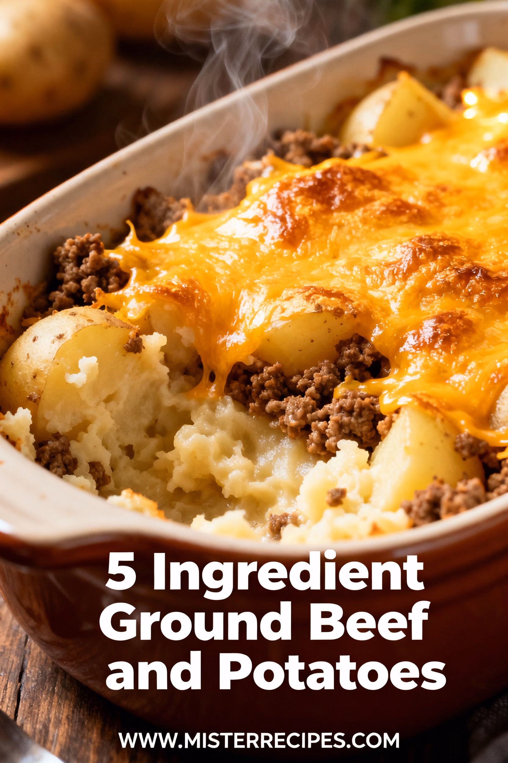 image of ground beef potatoes cheddar cheese cream of mushroom soup beef broth arranged on white marble kitchen counter with clear glass bowls and rustic brown wooden kitchen sets under soft diffuse daylight