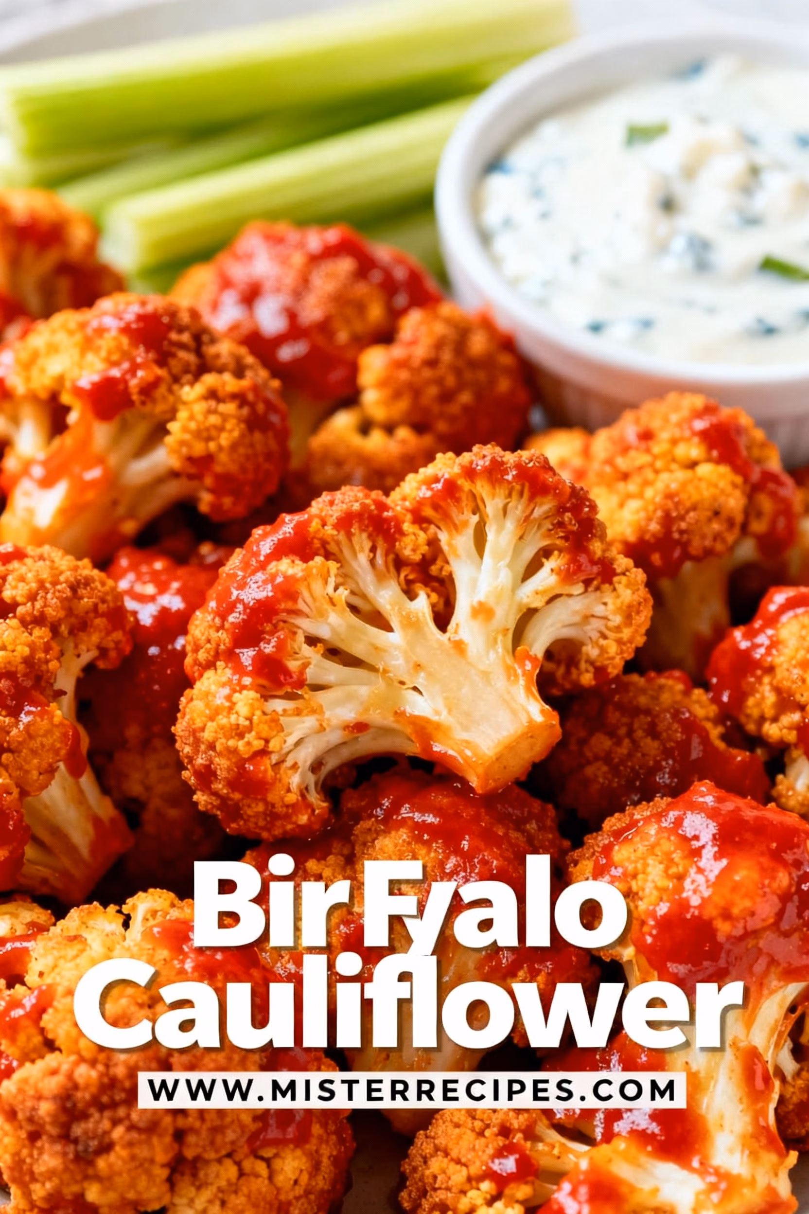 image of realistic top down mise en place shot fresh cauliflower florets small bowls of bright orange buffalo sauce melted butter creamy blue cheese dressing tangy ranch dressing crisp celery sticks fresh carrots garlic powder onion powder paprika salt cracked pepper cornstarch all purpose flour panko breadcrumbs olive oil chili hot sauce chives parsley arranged on a white marble kitchen counter healthy clear glass prep bowls rustic brown wooden spoons and cutting board under soft diffuse daylight photorealistic food photography