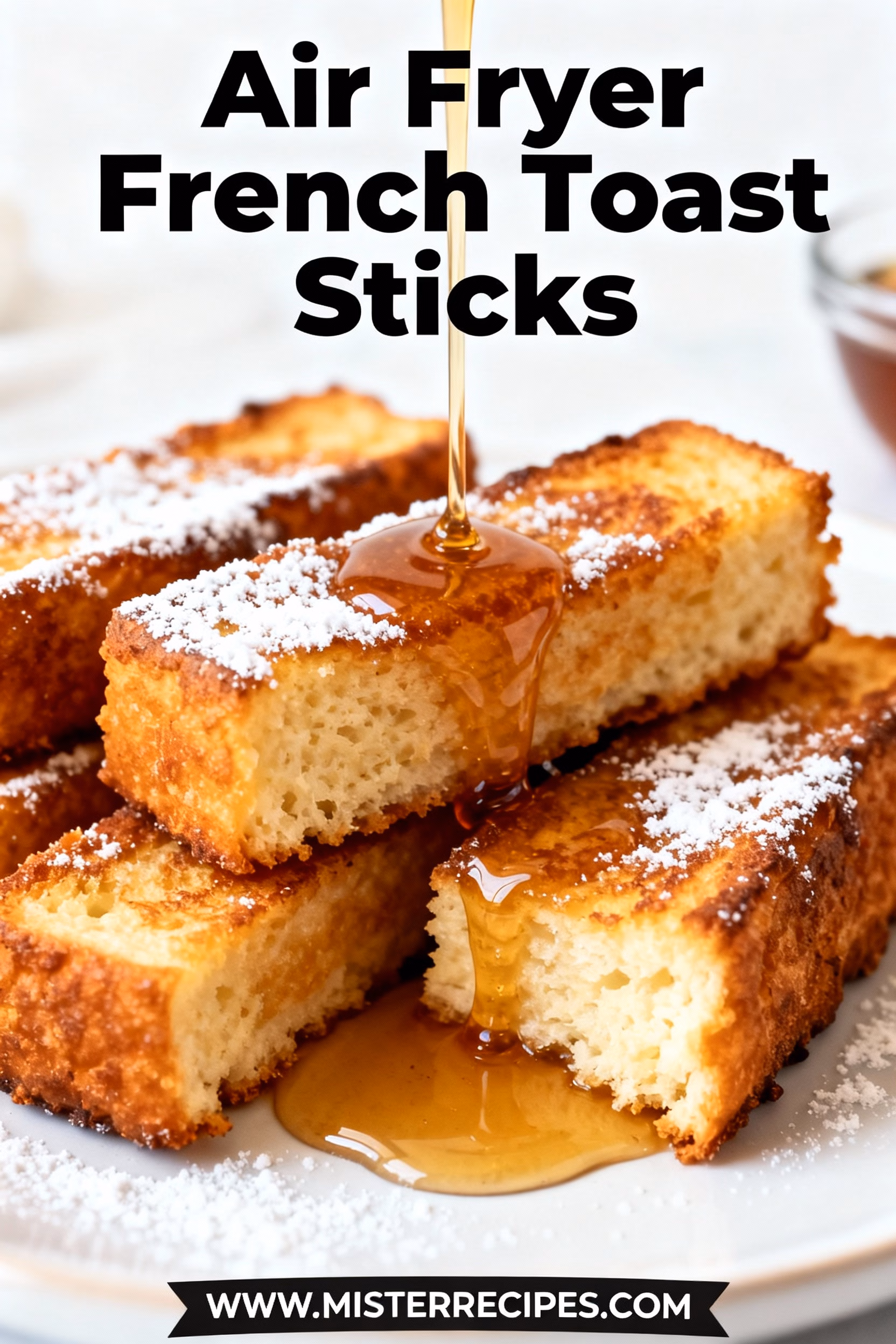 image of Thick bread Texas toast brioche eggs whole milk cinnamon vanilla brown sugar powdered sugar maple syrup arranged in clear glass bowls on a white marble kitchen counter with rustic brown wooden kitchen sets under soft diffuse daylight top down mise en place shot