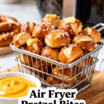 image of realistic top down mise en place shot fresh ingredients for air fryer pretzel bites arranged on a white marble kitchen counter healthy clear glass bowls rustic brown wooden kitchen sets soft diffuse daylight all purpose flour active dry yeast warm water sea salt sugar butter pretzel salt baking soda egg wash cheddar cheese sauce dipping mustard