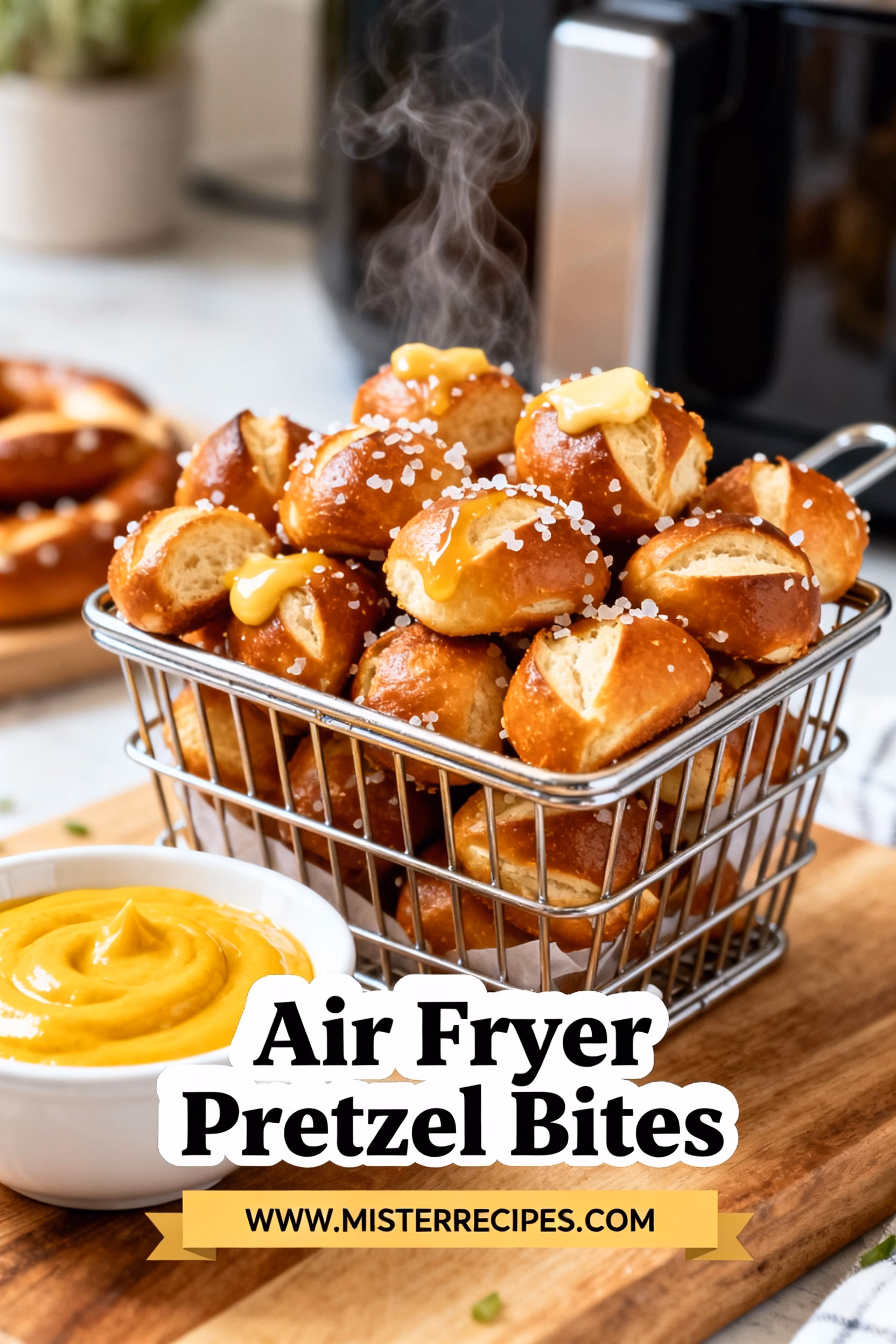 image of realistic top down mise en place shot fresh ingredients for air fryer pretzel bites arranged on a white marble kitchen counter healthy clear glass bowls rustic brown wooden kitchen sets soft diffuse daylight all purpose flour active dry yeast warm water sea salt sugar butter pretzel salt baking soda egg wash cheddar cheese sauce dipping mustard