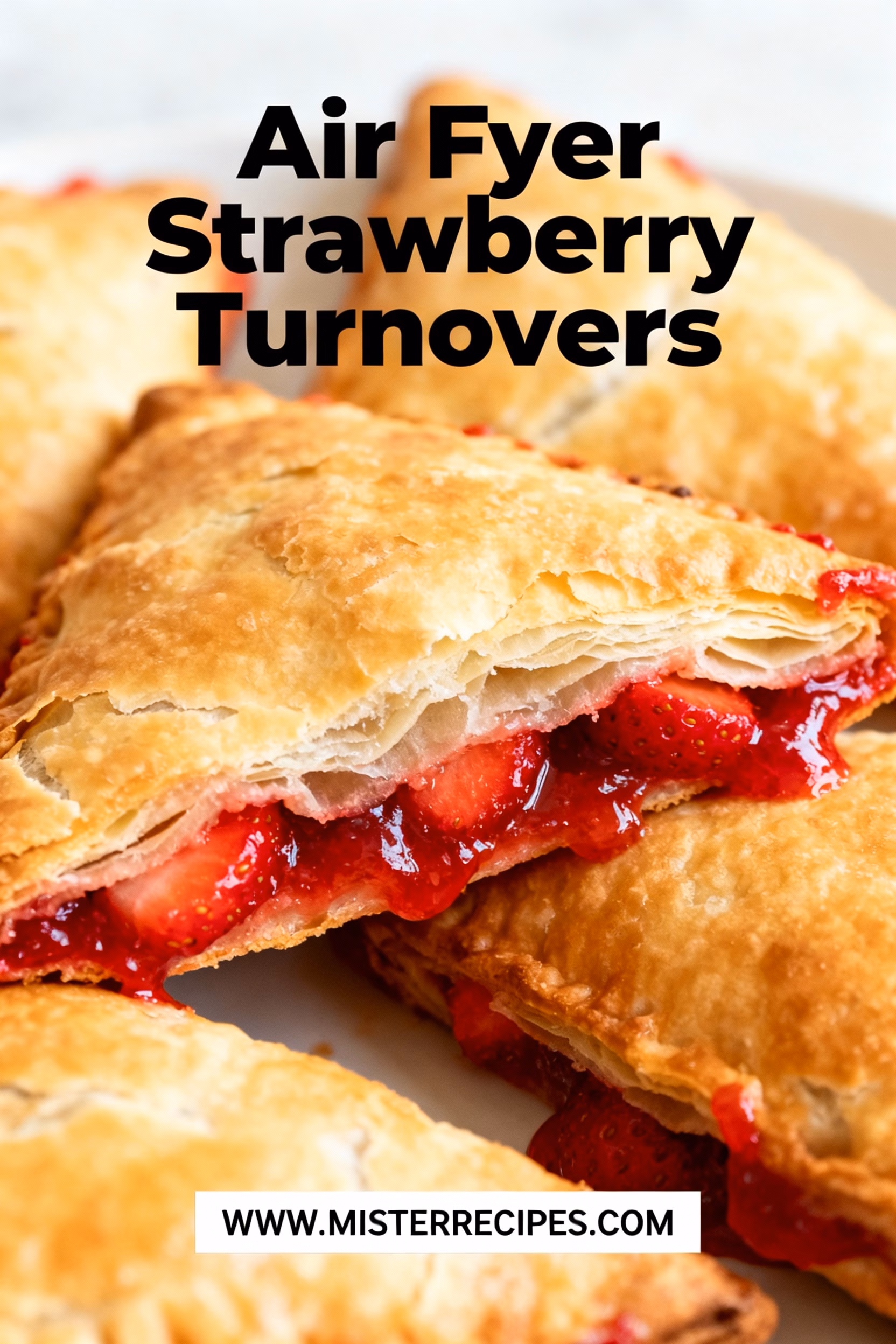 image of Fresh bright red strawberries golden flaky puff pastry white sugar cornstarch vanilla extract vibrant yellow lemon zest and a beaten egg are spread appealingly on a white marble surface in clear glass bowls with rustic brown wooden spoons and kitchen utensils bathed in soft daylight top down photography hyperrealistic high detail focus