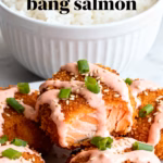 image of realistic top down mise en place shot showing fresh salmon fillets panko breadcrumbs mayonnaise thai sweet chili sauce sriracha sauce honey garlic powder onion powder smoked paprika paprika cayenne pepper salt black pepper olive oil lime juice lemon juice rice vinegar soy sauce sesame seeds green onions chives ginger white rice jasmine rice cucumbers carrots avocado greek yogurt hot sauce vinegar brown sugar cornstarch avocado oil parchment paper furikake seasoning arranged on white marble kitchen counter with healthy clear glass bowls and rustic brown wooden kitchen sets under soft diffuse daylight