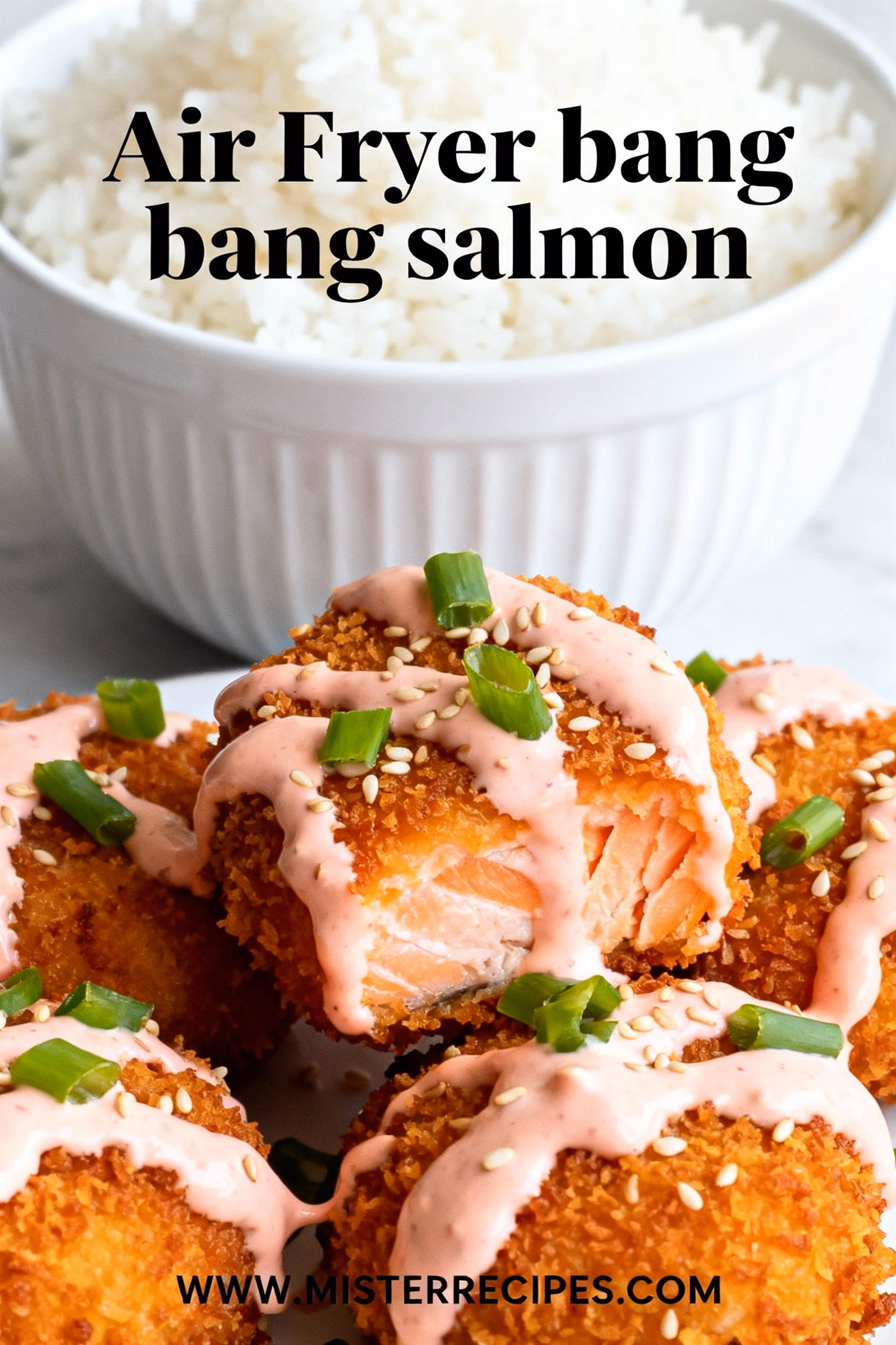 image of realistic top down mise en place shot showing fresh salmon fillets panko breadcrumbs mayonnaise thai sweet chili sauce sriracha sauce honey garlic powder onion powder smoked paprika paprika cayenne pepper salt black pepper olive oil lime juice lemon juice rice vinegar soy sauce sesame seeds green onions chives ginger white rice jasmine rice cucumbers carrots avocado greek yogurt hot sauce vinegar brown sugar cornstarch avocado oil parchment paper furikake seasoning arranged on white marble kitchen counter with healthy clear glass bowls and rustic brown wooden kitchen sets under soft diffuse daylight