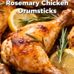 image of fresh chicken drumsticks fresh rosemary lemon garlic olive oil salt black pepper paprika thyme onion butter parsley arranged on white marble kitchen counter with clear glass bowls and rustic brown wooden kitchen sets under soft diffuse daylight