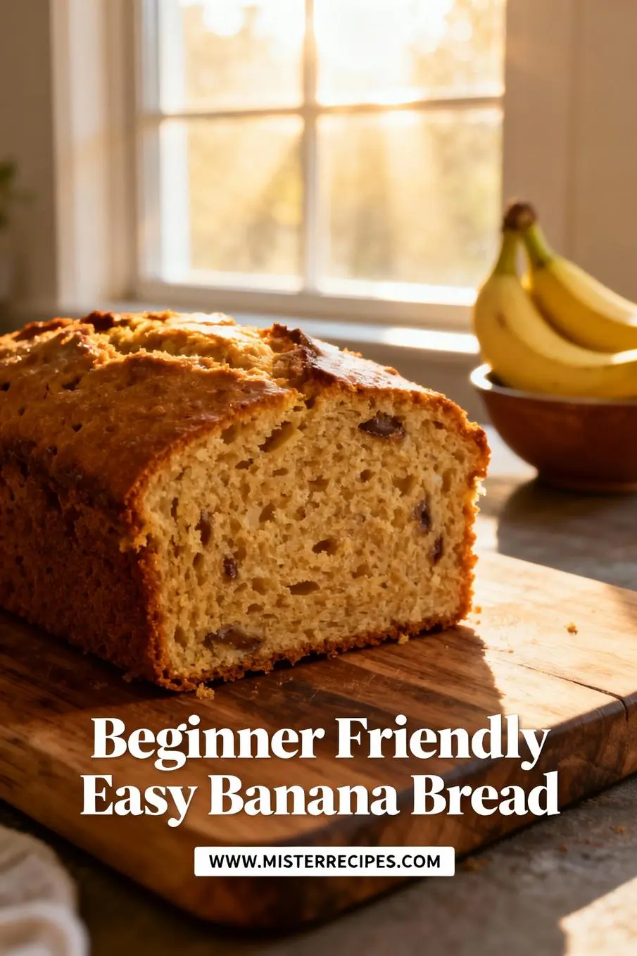 image of ripe bananas flour butter sugar eggs baking soda vanilla extract salt cinnamon walnuts raisins chocolate chips arranged on a white marble kitchen counter in healthy clear glass bowls and rustic brown wooden kitchen sets under soft diffuse daylight top down realistic photo