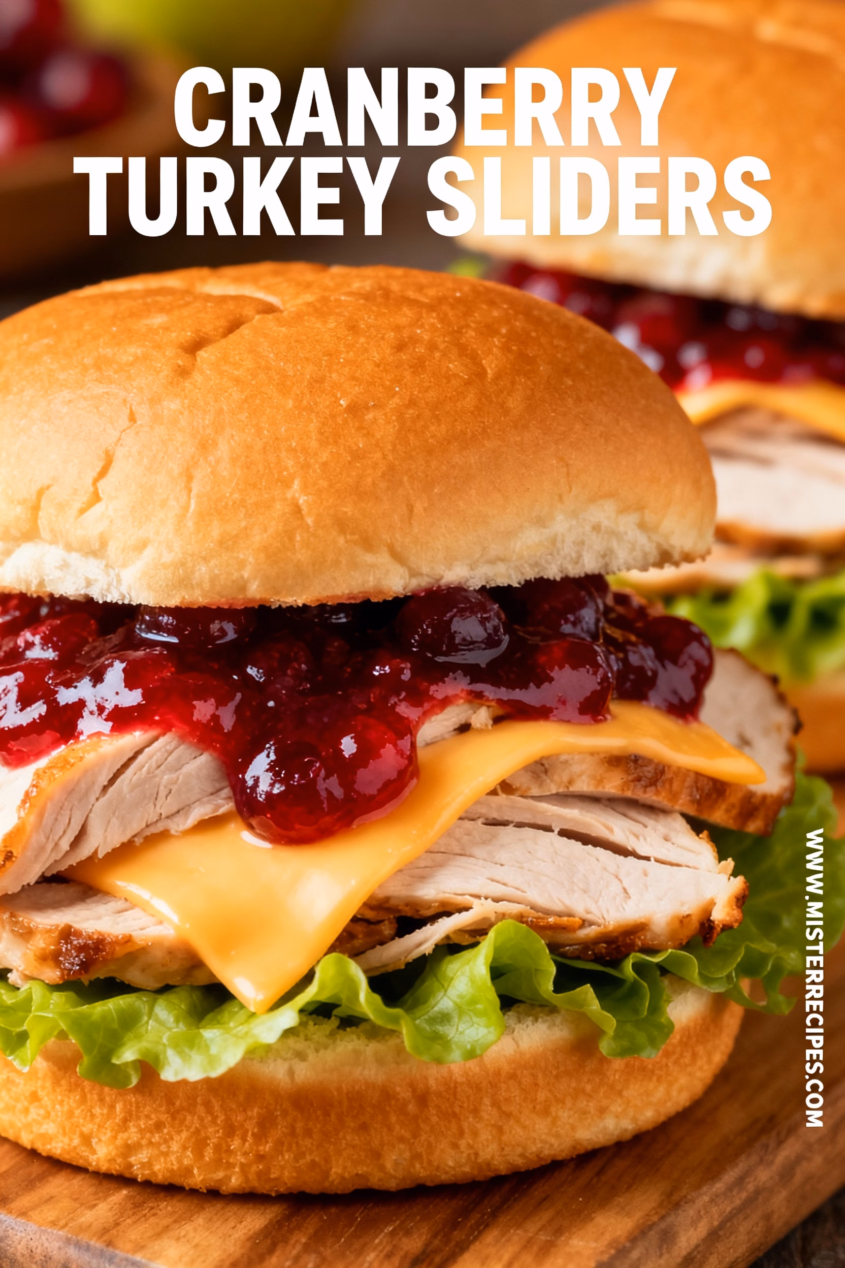 image of Hawaiian dinner rolls sliced turkey whole berry cranberry sauce provolone cheese butter dijon mustard worcestershire sauce poppy seeds white marble kitchen counter clear glass bowls rustic brown wood soft diffuse daylight top down mise en place