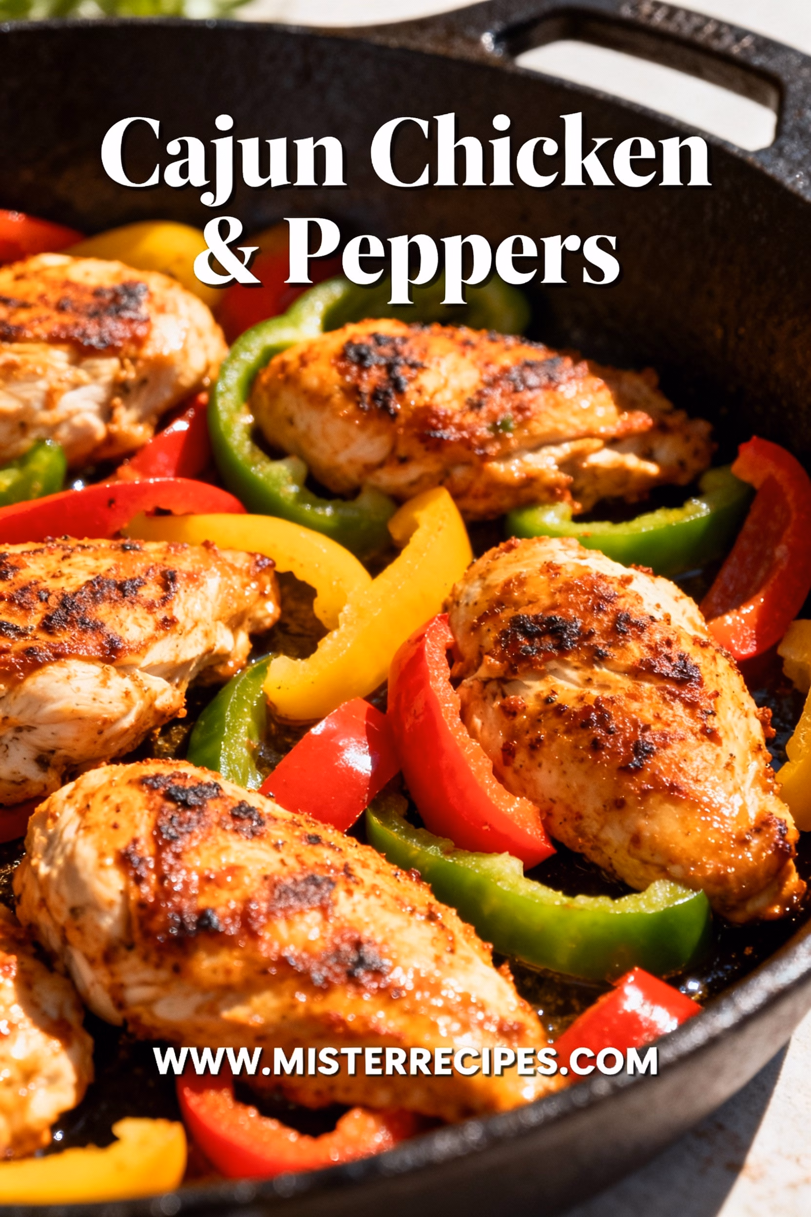 image of Realistic top down mise en place shot boneless skinless chicken breast red bell pepper green bell pepper yellow bell pepper onion cajun seasoning olive oil garlic rustic wooden sets clear glass bowls white marble counter soft diffuse daylight healthy weeknight dinner preparation