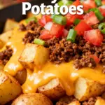 image of Ground Beef Potatoes Taco Seasoning Shredded Cheese Diced Tomatoes with Green Chiles Onions Garlic Olive Oil Tomato Sauce Fire Roasted Tomatoes Jalapenos Bell Peppers Cilantro Sour Cream Salsa Green Onions Black Beans Corn Poblano Peppers Enchilada Sauce Queso Dip arranged on a white marble kitchen counter with healthy clear glass bowls and rustic brown wooden kitchen sets under soft diffuse daylight