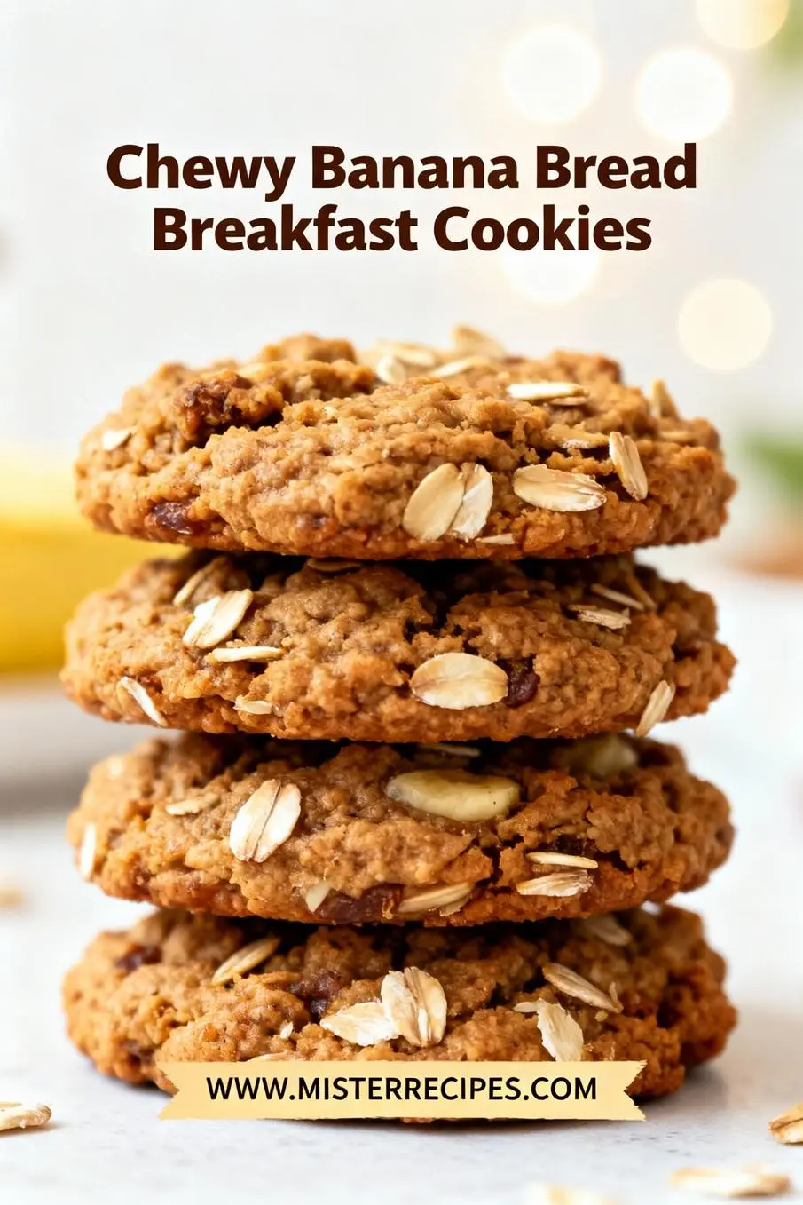 image of realistic top down mise en place shot showing the fresh ingredients arranged on a white marble kitchen counter with healthy clear glass bowls and rustic brown wooden kitchen sets under soft diffuse daylight showing ripe bananas oats oat flour almond butter peanut butter maple syrup honey egg flax egg cinnamon vanilla baking powder soda salt chocolate chips walnuts pecans raisins