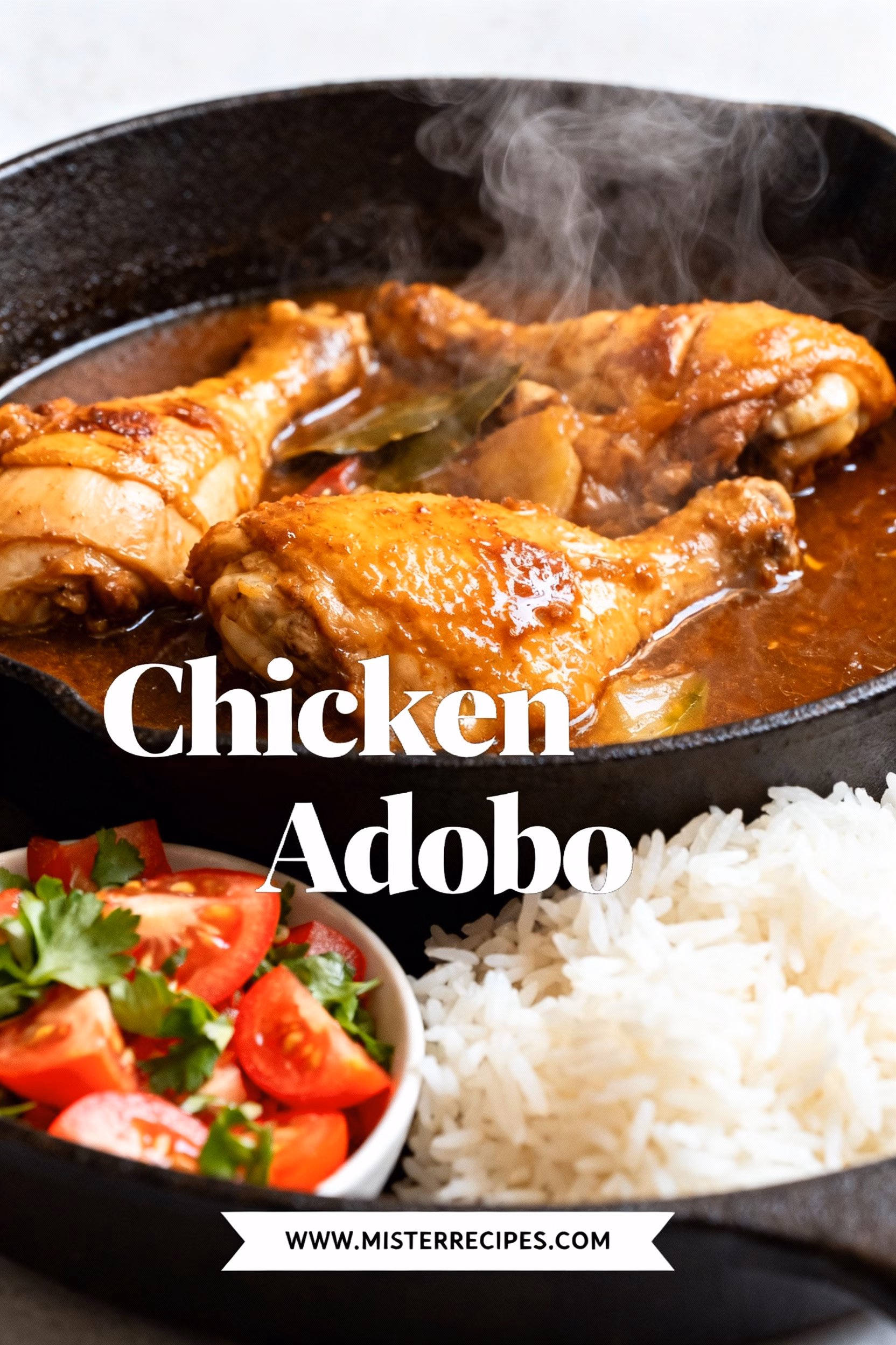 image of Fresh chicken thighs garlic soy sauce vinegar bay leaves onions black peppercorns brown sugar fish sauce arranged on white marble kitchen counter with healthy clear glass bowls and rustic brown wooden kitchen sets under soft diffuse daylight