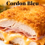 image of chicken breasts ham swiss cheese flour eggs breadcrumbs butter oil mustard milk dijon sauce parmesan wine bouillon garlic thyme parsley arranged on a white marble kitchen counter with healthy clear glass bowls and rustic brown wooden kitchen sets under soft diffuse daylight