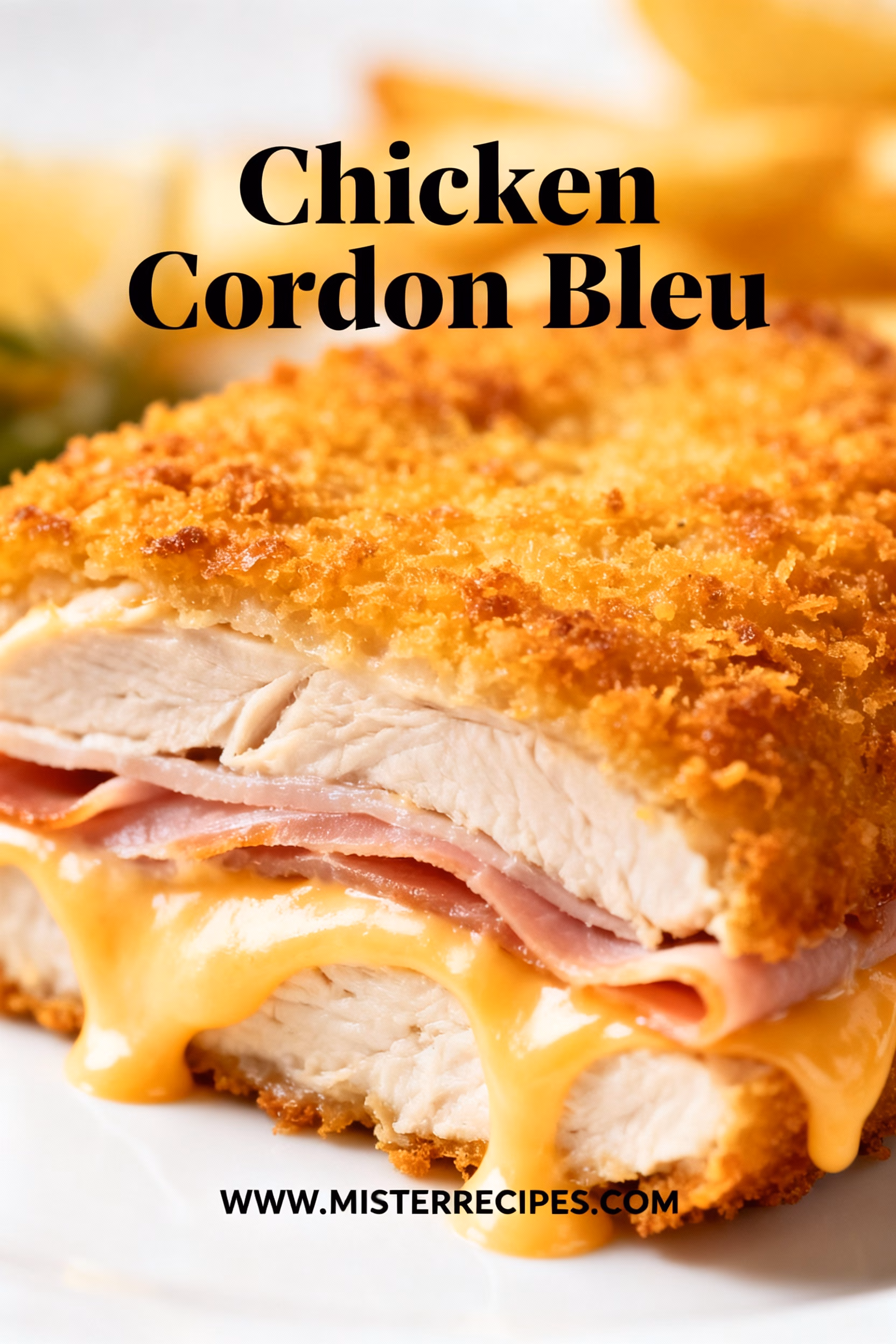 image of chicken breasts ham swiss cheese flour eggs breadcrumbs butter oil mustard milk dijon sauce parmesan wine bouillon garlic thyme parsley arranged on a white marble kitchen counter with healthy clear glass bowls and rustic brown wooden kitchen sets under soft diffuse daylight