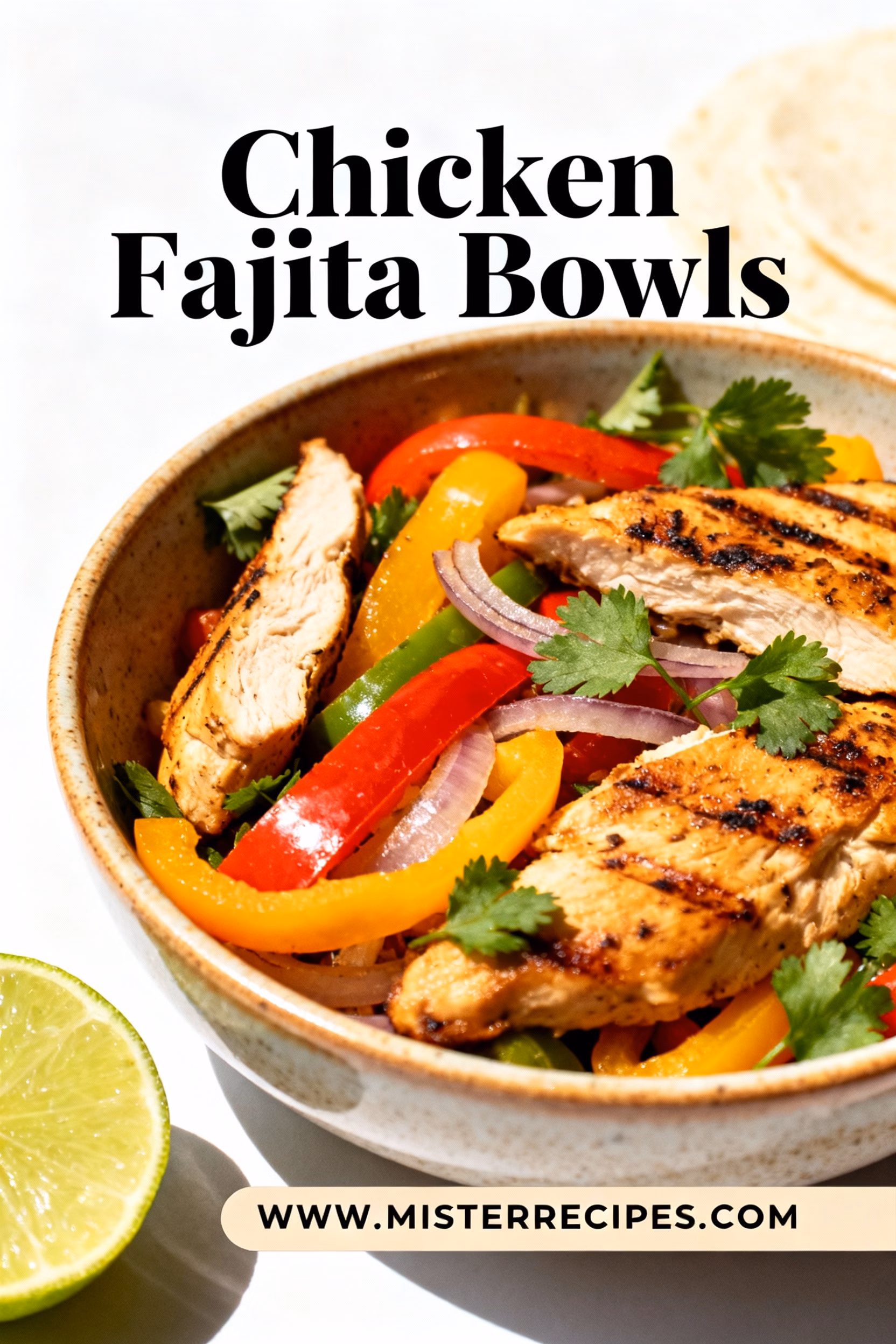 image of realistic topdown miseenplace shot fresh sliced chicken breasts sliced red yellow green bell peppers sliced yellow red onions rice black beans pinto beans olive oil lime juice garlic cumin chili powder smoked paprika oregano salt pepper avocado pico de gallo arranged on white marble kitchen counter with healthy clear glass bowls rustic brown wooden kitchen sets under soft diffuse daylight