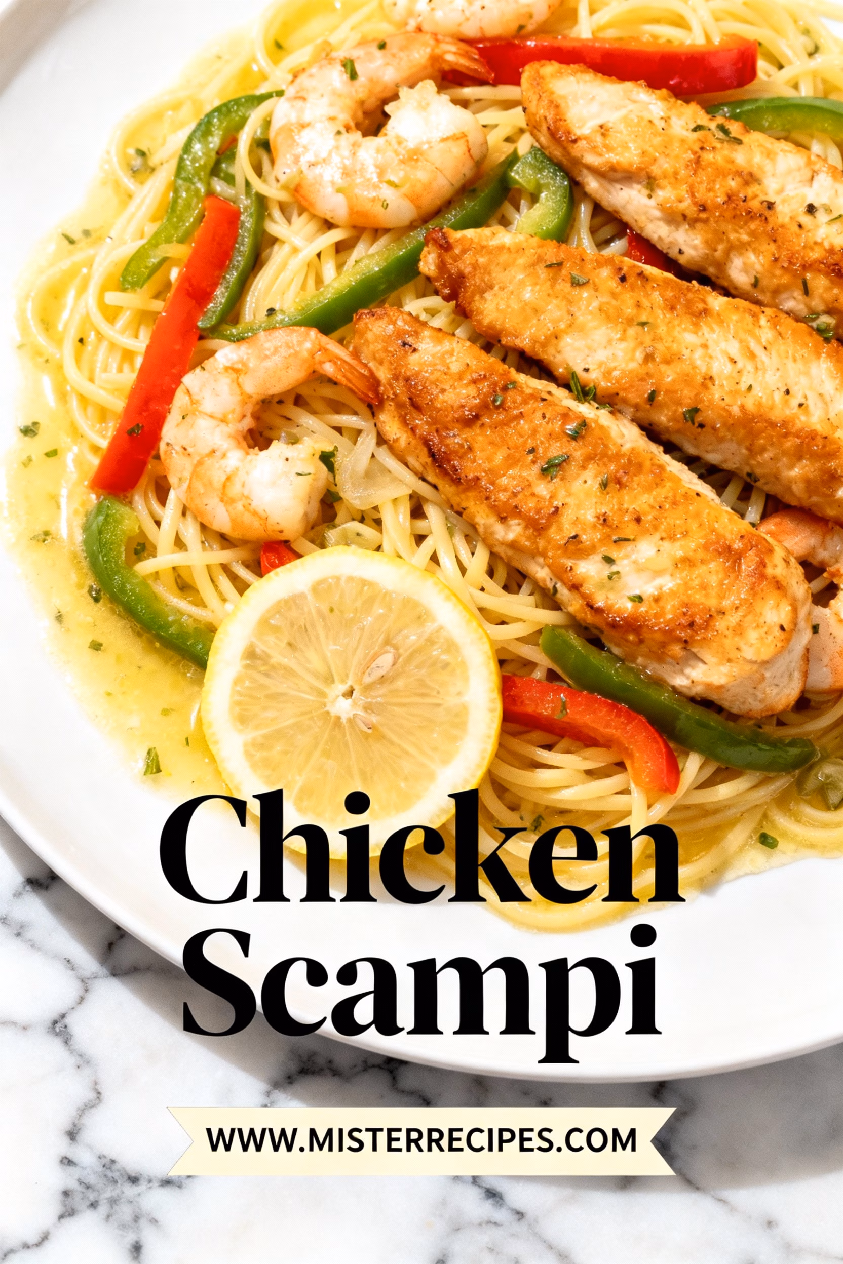 image of boneless skinless chicken breasts or tenders pasta olive oil butter garlic dry white wine parmesan bell peppers onion all purpose flour for dredging Italian seasoning salt and black pepper chicken broth or stock heavy cream red pepper flakes fresh lemon juice and zest fresh parsley