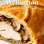 image of a top down mise en place shot showing boneless skinless chicken breasts puff pastry sheet cremini portobello mushrooms shallots onions cream cheese Dijon mustard egg for wash thyme parsley red bell peppers garlic ghee olive oil salt pepper arranged on a white marble kitchen counter with healthy clear glass bowls and rustic brown wooden kitchen sets under soft diffuse daylight