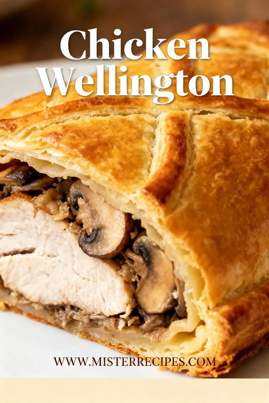 image of a top down mise en place shot showing boneless skinless chicken breasts puff pastry sheet cremini portobello mushrooms shallots onions cream cheese Dijon mustard egg for wash thyme parsley red bell peppers garlic ghee olive oil salt pepper arranged on a white marble kitchen counter with healthy clear glass bowls and rustic brown wooden kitchen sets under soft diffuse daylight