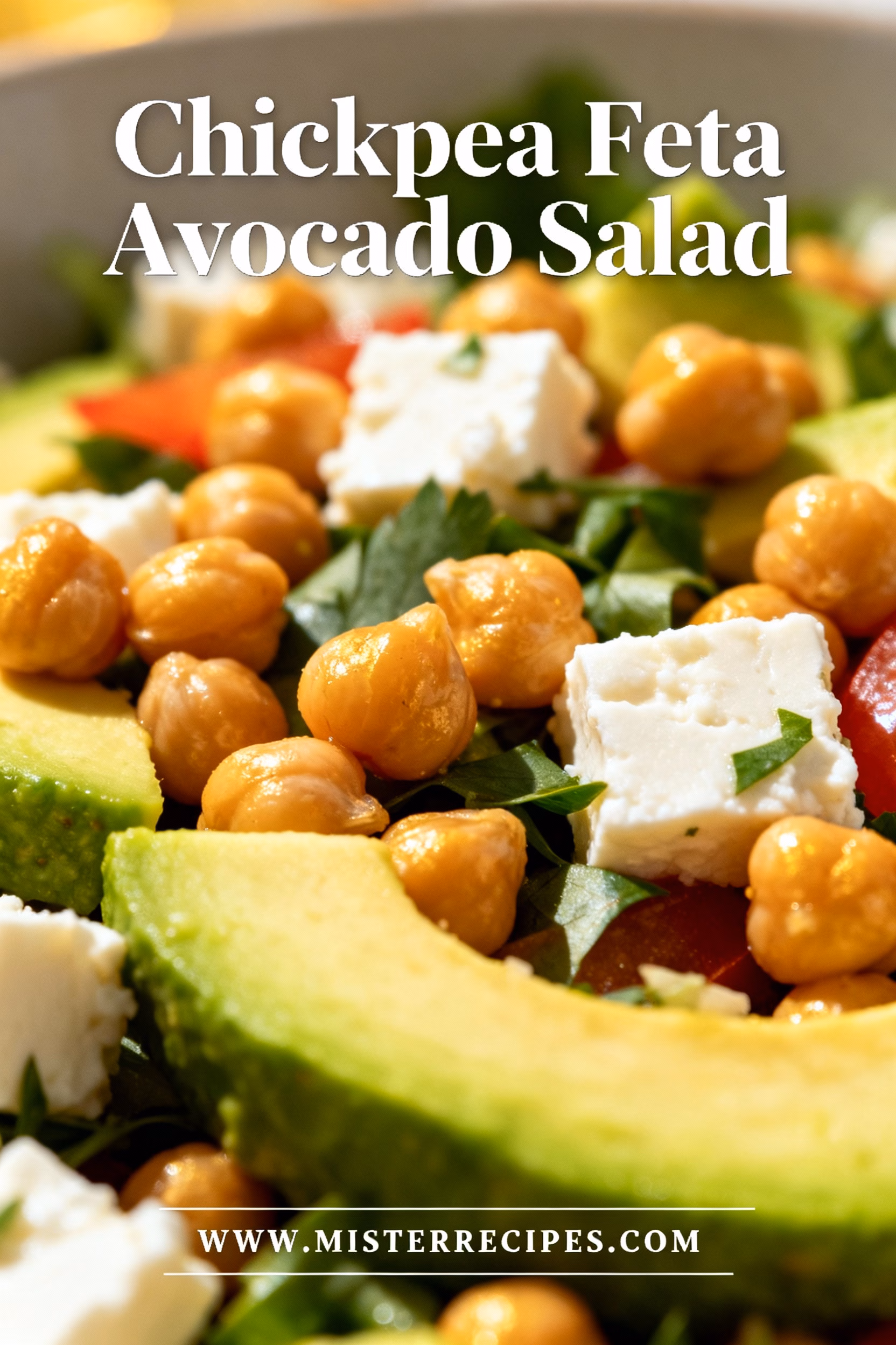 image of a top down mise en place shot showing fresh chickpeas feta cheese avocado grape tomatoes cucumber red onion romaine lettuce cilantro parsley green onion arugula olives arranged on a white marble kitchen counter with healthy clear glass bowls and rustic brown wooden kitchen sets under soft diffuse daylight