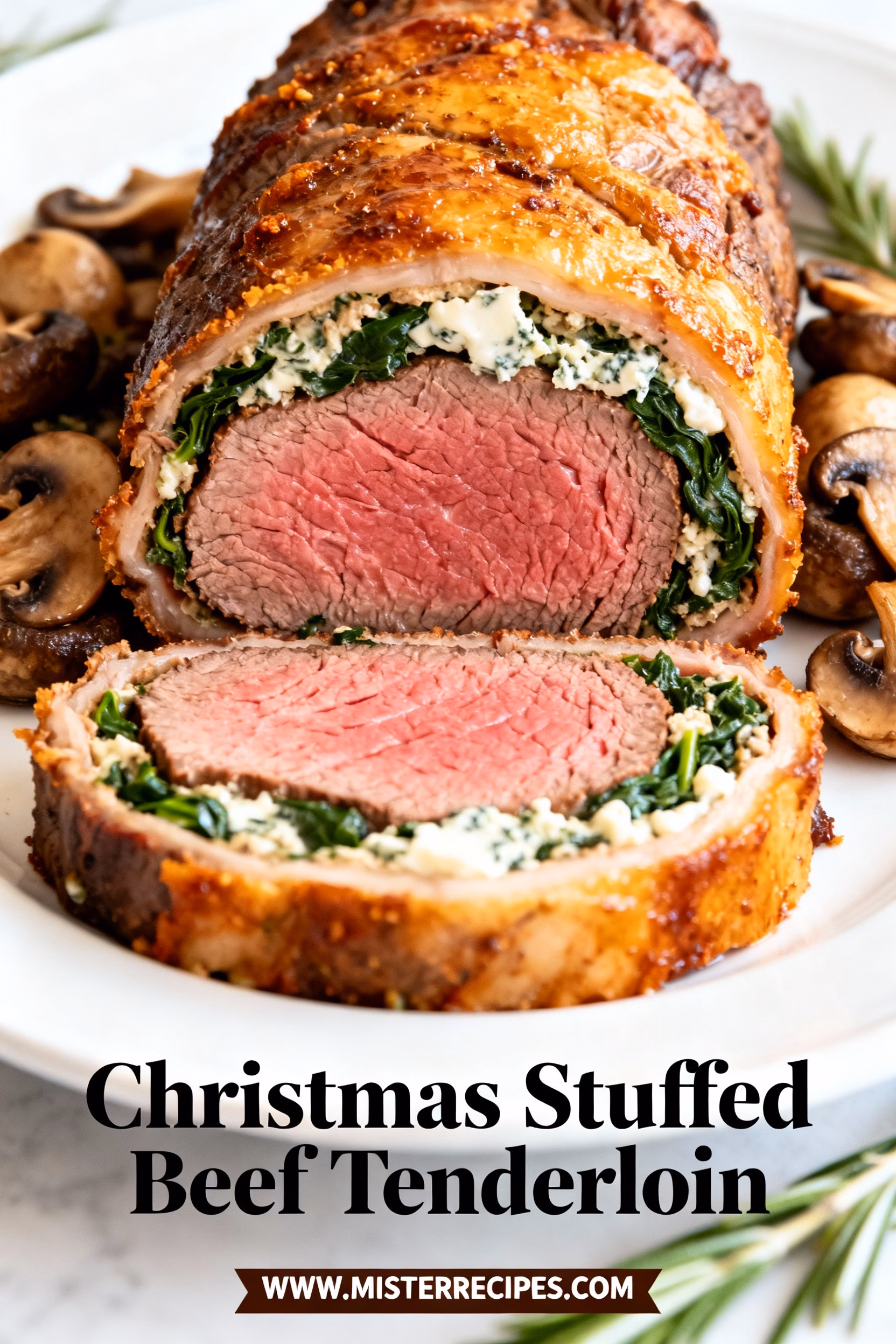 image of a close up shot from above of fresh beef tenderloin spinach mushrooms garlic onions parmesan cheese butter salt pepper horseradish rosemary thyme breadcrumbs gorgonzola walnuts cremini mushrooms goat cheese dried herbs laid out on a white marble kitchen counter with healthy clear glass bowls and rustic brown wooden kitchen sets under soft diffuse daylight