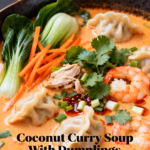 image of top down mise en place shot on white marble kitchen counter with healthy clear glass bowls and rustic brown wooden kitchen sets under soft diffuse daylight showing fresh coconut milk vegetable broth frozen dumplings thai red curry paste onion garlic ginger scallions mushrooms bok choy lime soy sauce
